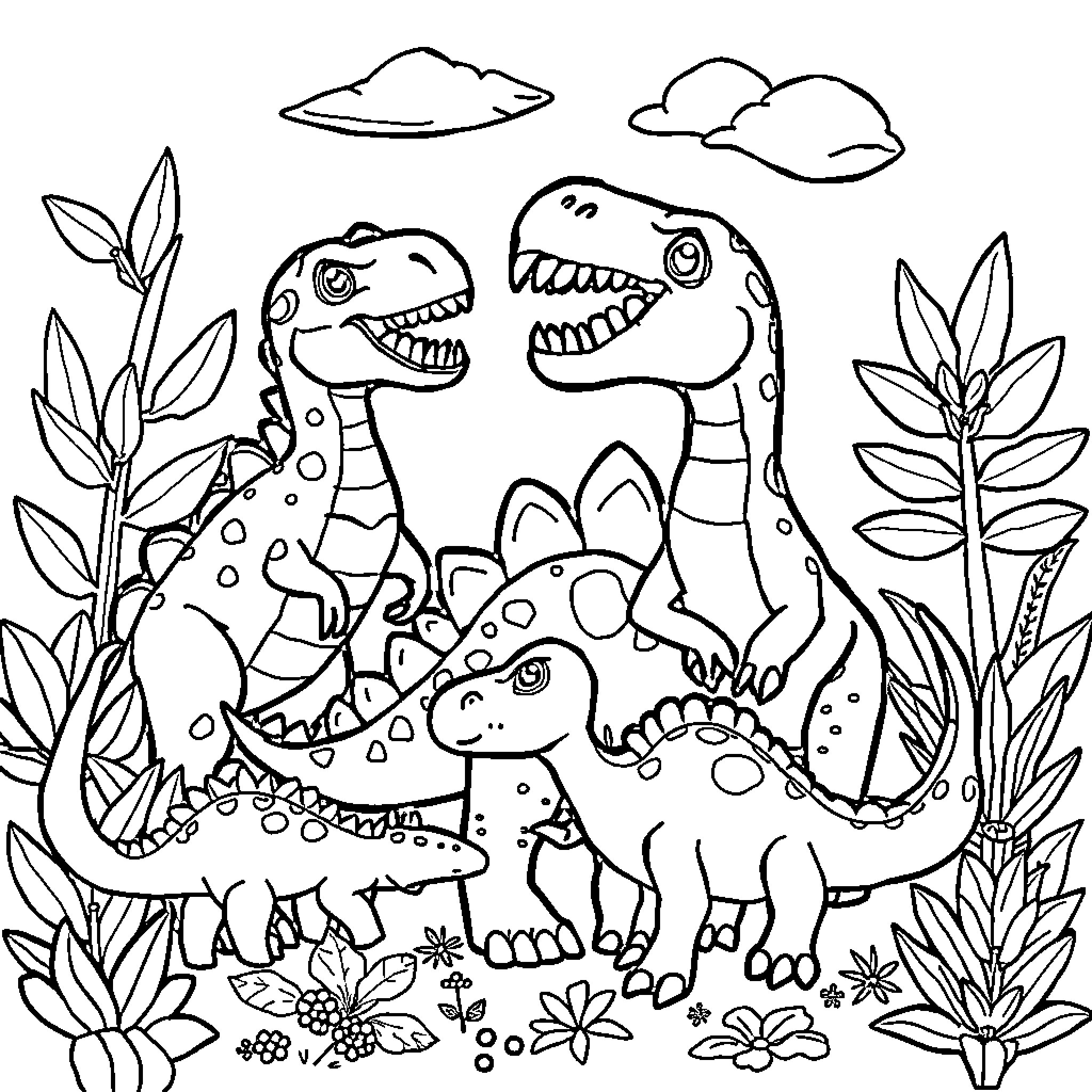 Dinosaurs playing and exploring in the prehistoric landscape Coloring Page (free black-and-white line drawing printable PDF for all, from beginners to advanced learners, including children, teens, adults, and seniors)