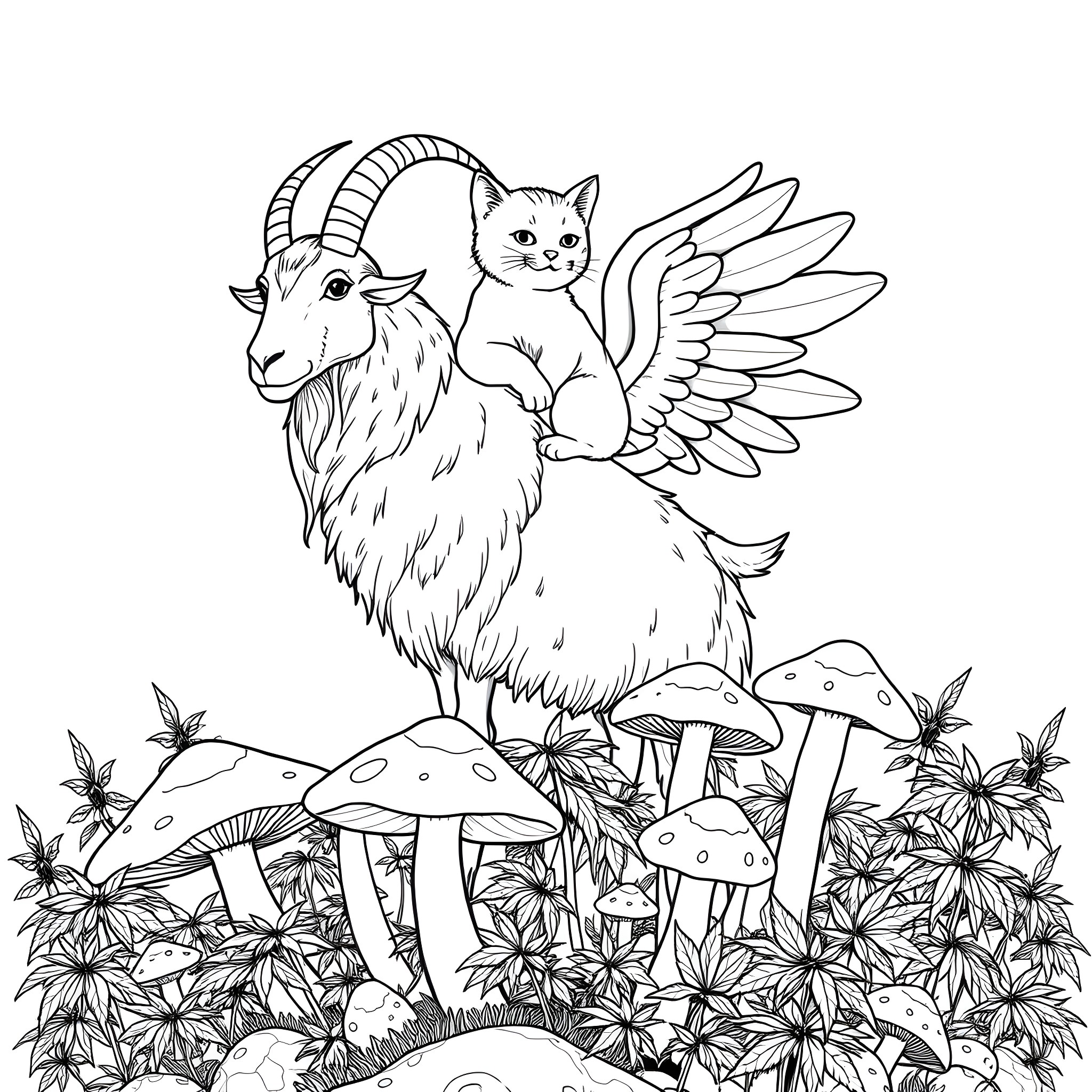 Cat with winged companion in fantasy forest scene Coloring Page (free black-and-white line drawing printable PDF for all, from beginners to advanced learners, including children, teens, adults, and seniors)