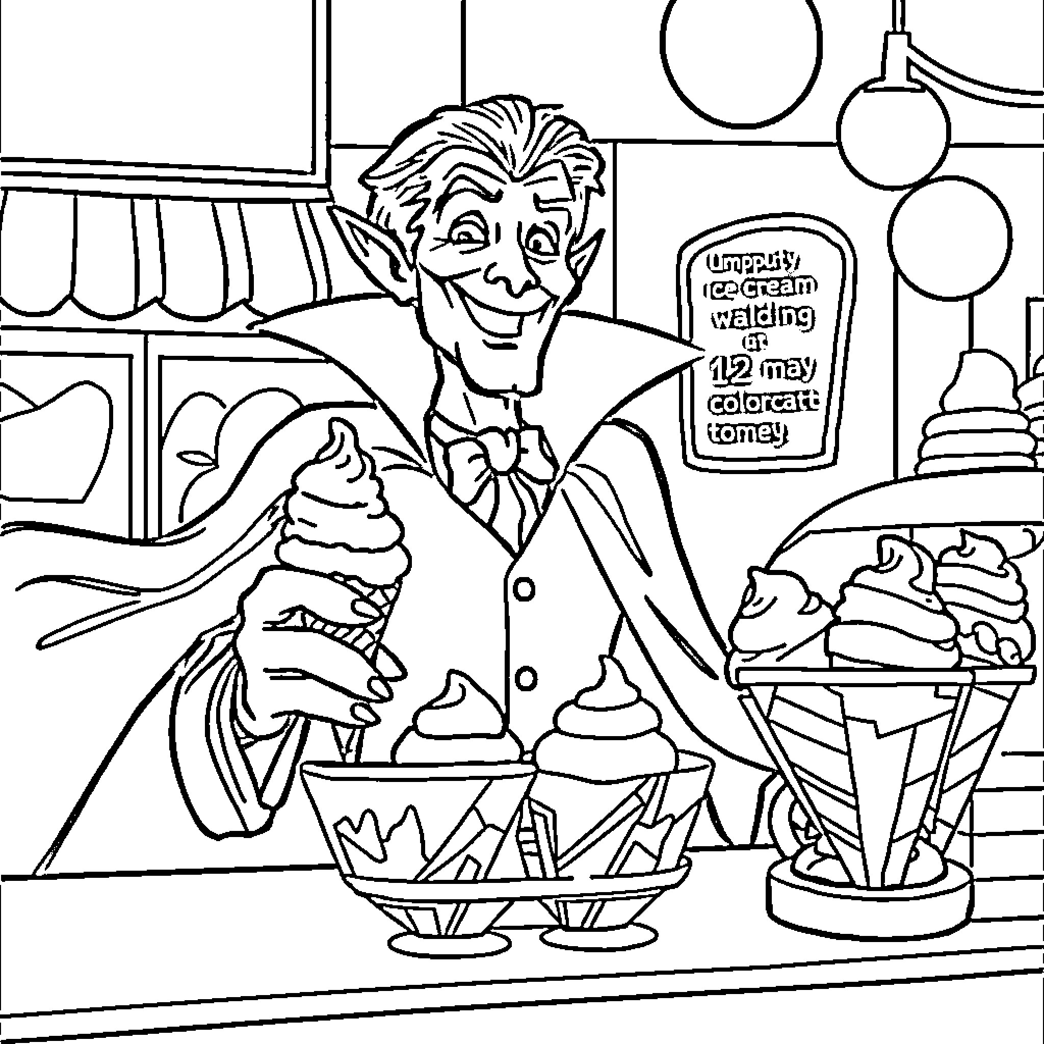 Dracula Serving Ice Cream Happily in His Shop Coloring Page (free black-and-white line drawing printable PDF for all, from beginners to advanced learners, including children, teens, adults, and seniors)