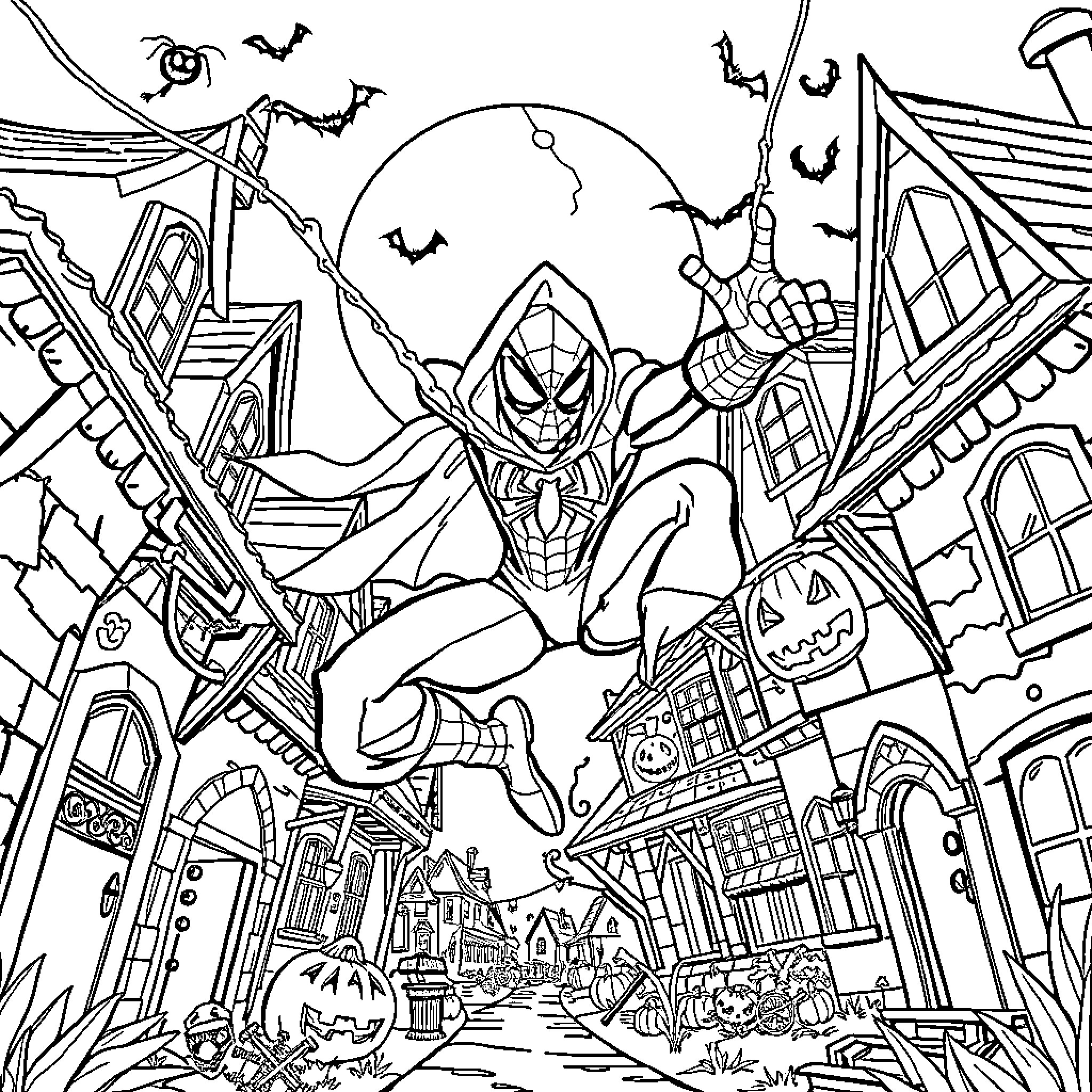 Spiderman swinging through a spooky Halloween town Coloring Page (free black-and-white line drawing printable PDF for all, from beginners to advanced learners, including children, teens, adults, and seniors)