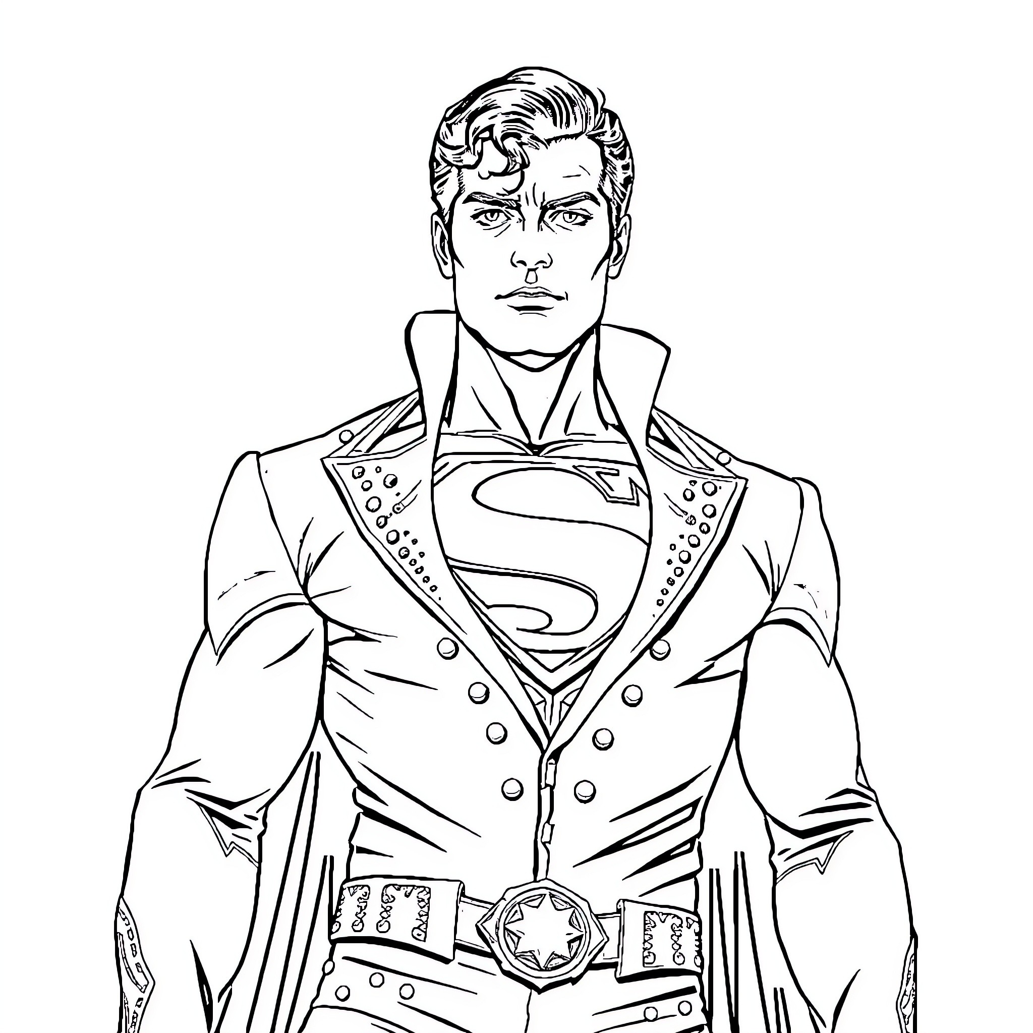 Superman dressed in formal attire with iconic symbol Coloring Page (free black-and-white line drawing printable PDF for all, from beginners to advanced learners, including children, teens, adults, and seniors)