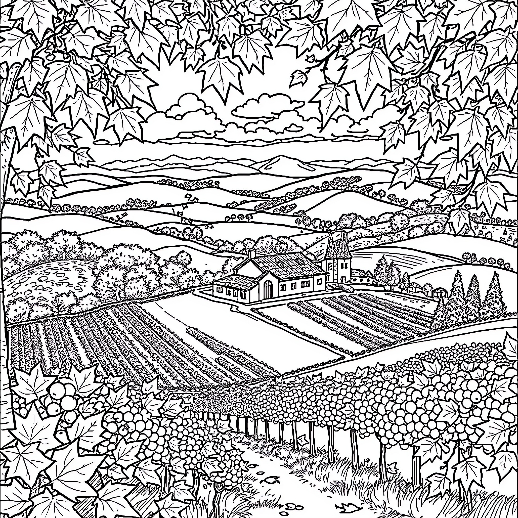 Leaf Landscape: Detailed Autumn Countryside Scene Coloring Page (free black-and-white line drawing printable PDF for all, from beginners to advanced learners, including children, teens, adults, and seniors)