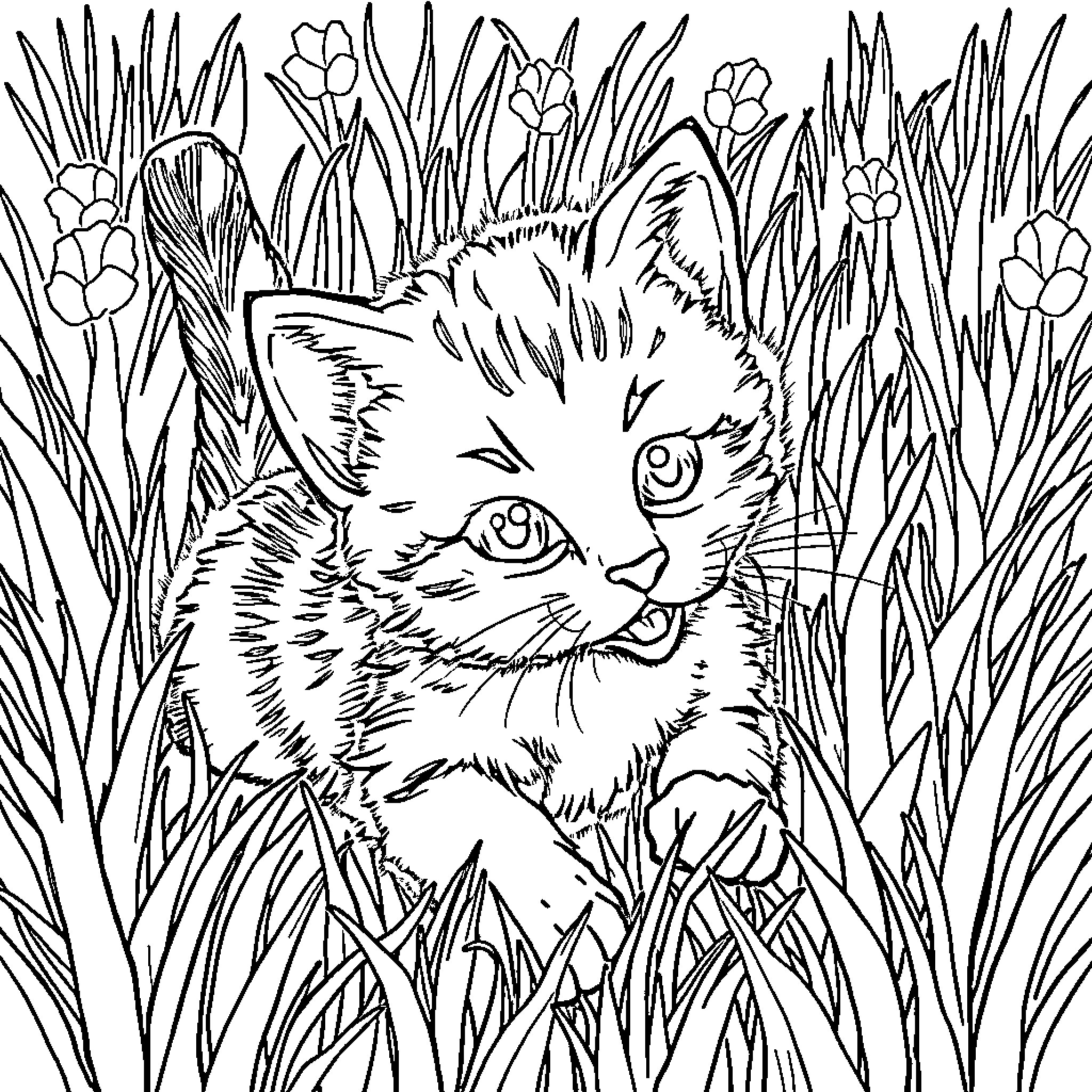Kitten hiding in the lush foliage Coloring Page (free black-and-white line drawing printable PDF for all, from beginners to advanced learners, including children, teens, adults, and seniors)