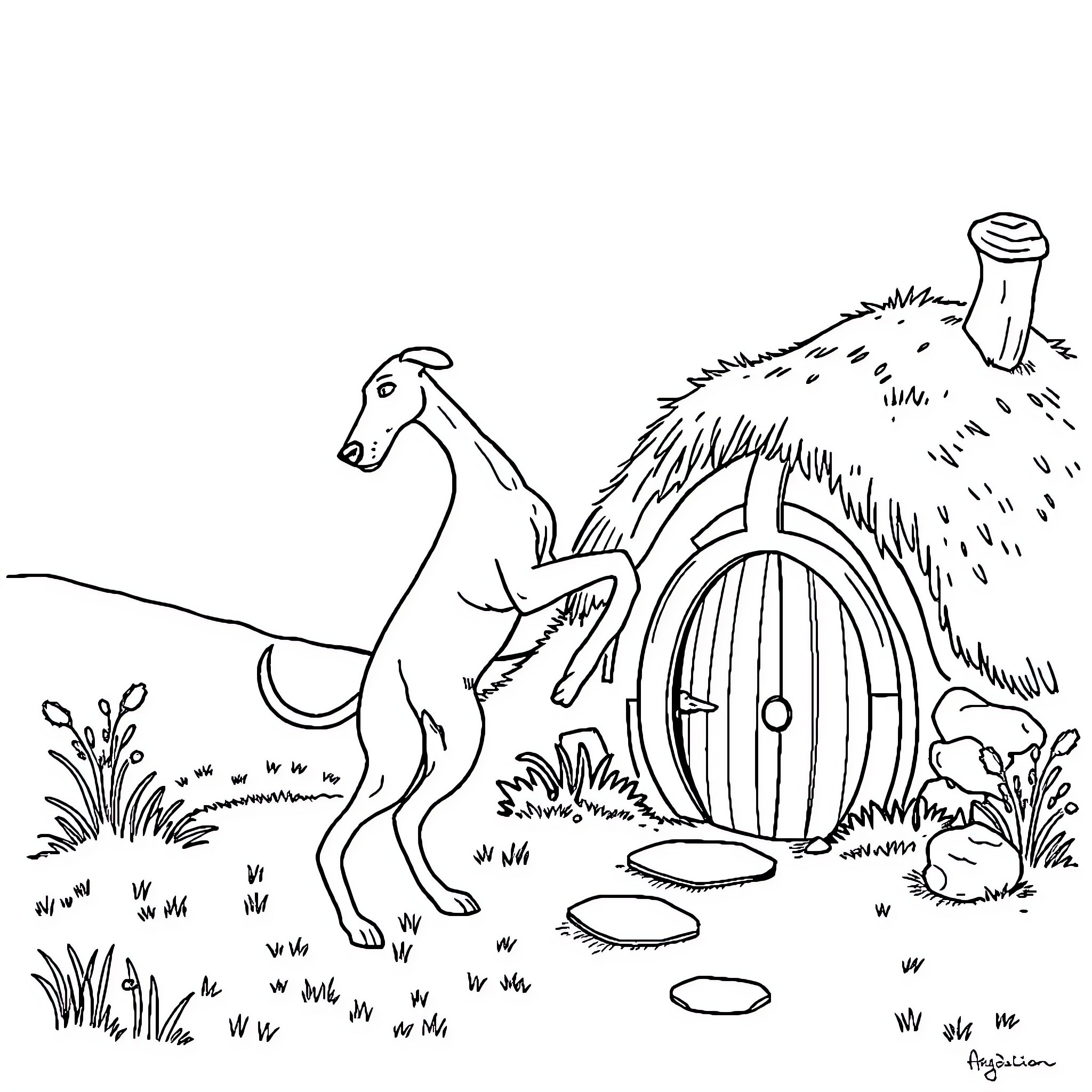 Greyhound exploring a whimsical mushroom home Coloring Page (free black-and-white line drawing printable PDF for all, from beginners to advanced learners, including children, teens, adults, and seniors)