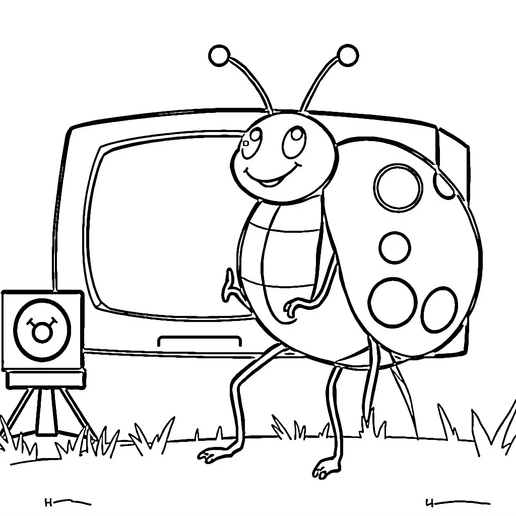 Ladybug taking a photo in front of a television Coloring Page (free black-and-white line drawing printable PDF for all, from beginners to advanced learners, including children, teens, adults, and seniors)
