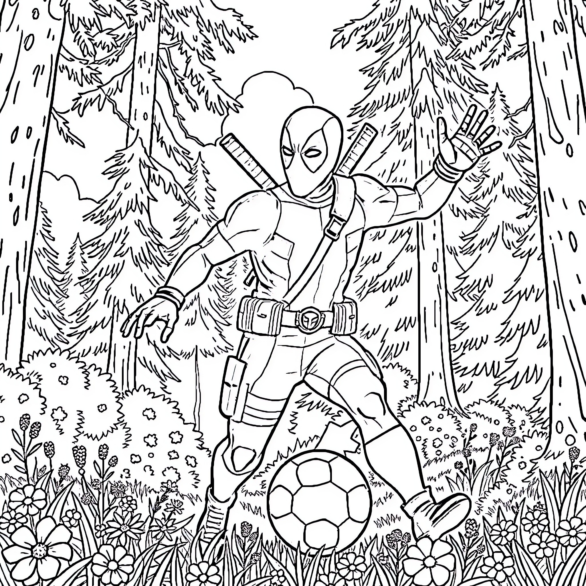 Deadpool's Playful Adventure in the Forest Coloring Page (free black-and-white line drawing printable PDF for all, from beginners to advanced learners, including children, teens, adults, and seniors)