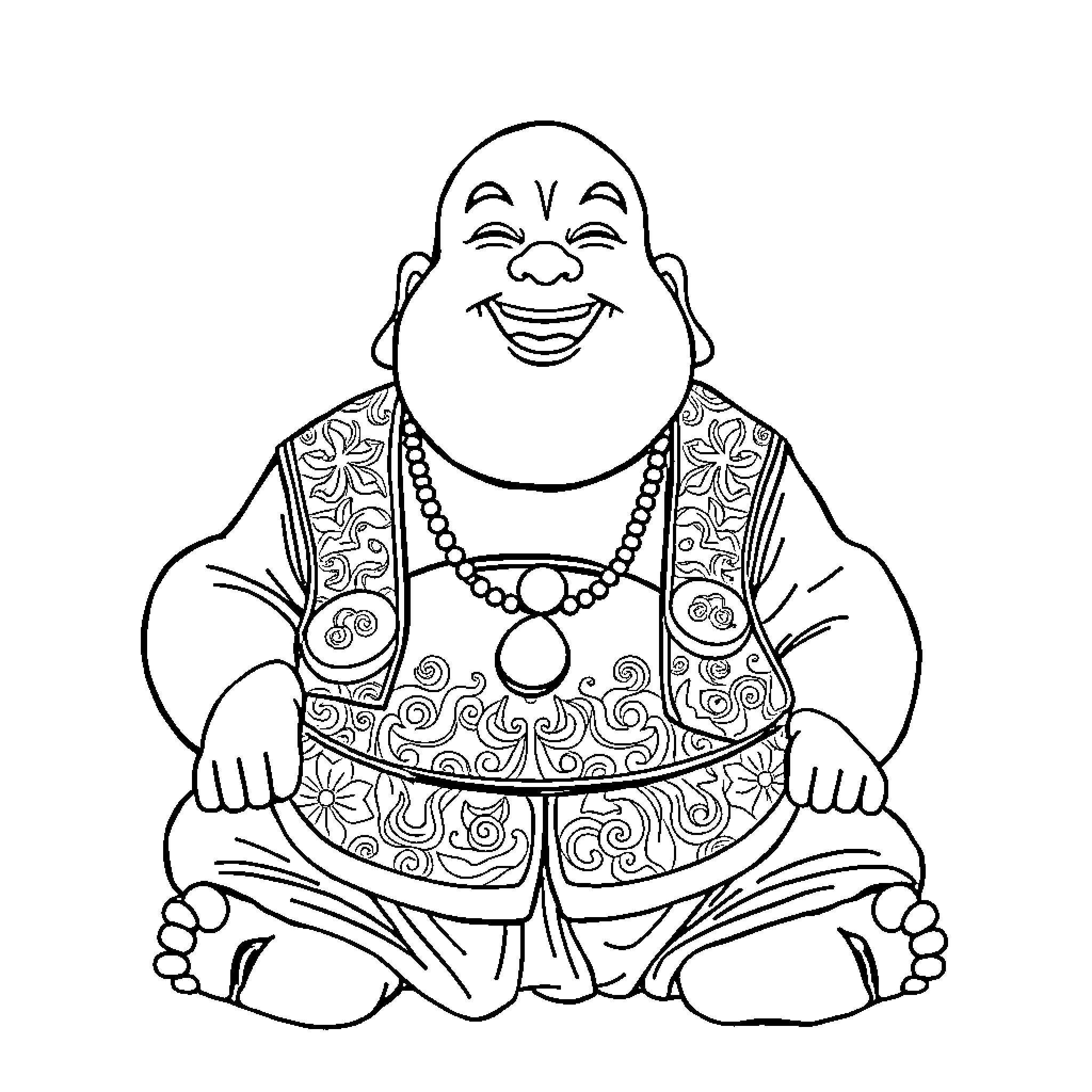 Buddha statue with joyful expression and ornate clothing Coloring Page (free black-and-white line drawing printable PDF for all, from beginners to advanced learners, including children, teens, adults, and seniors)