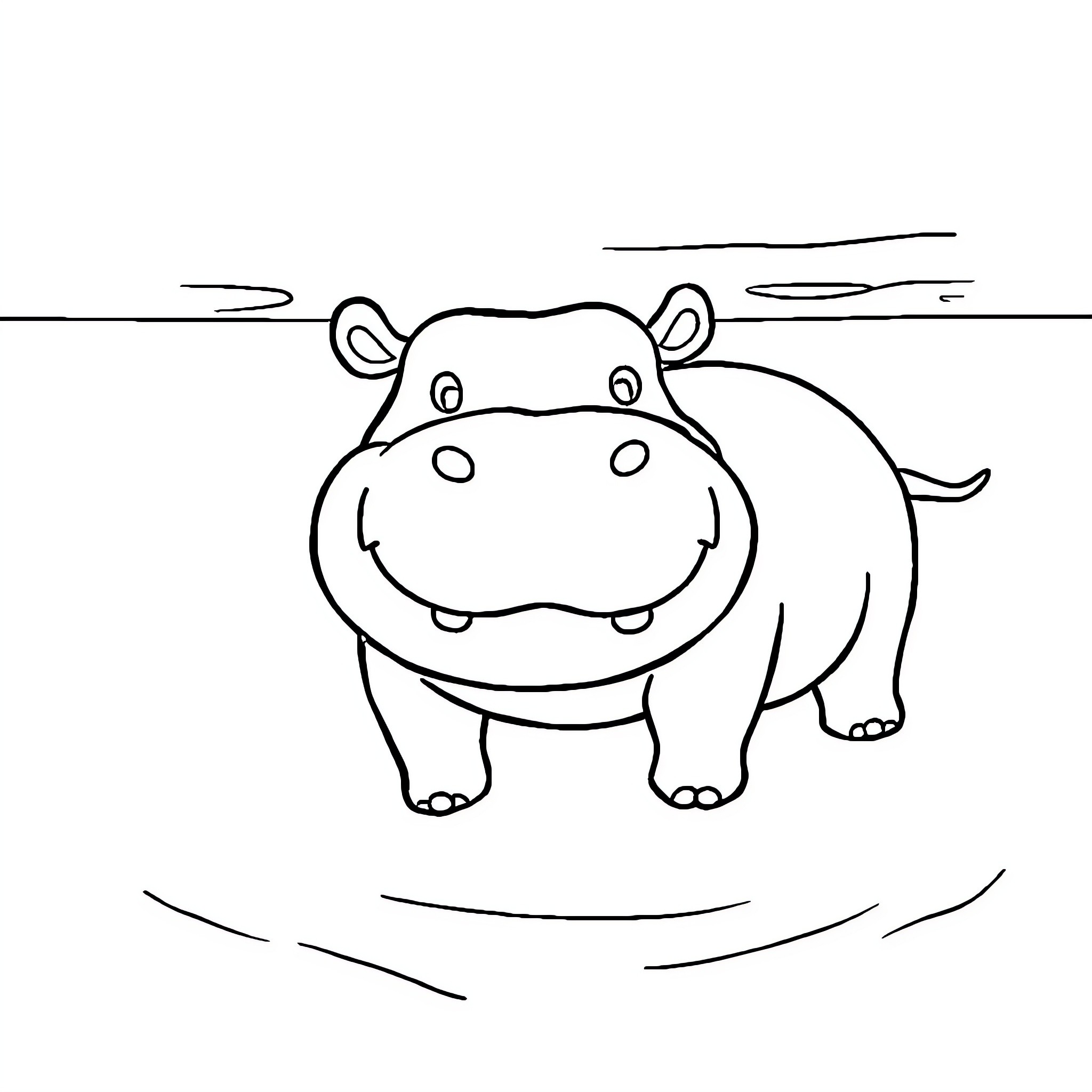 Hippopotamus standing happily in the water Coloring Page (free black-and-white line drawing printable PDF for all, from beginners to advanced learners, including children, teens, adults, and seniors)