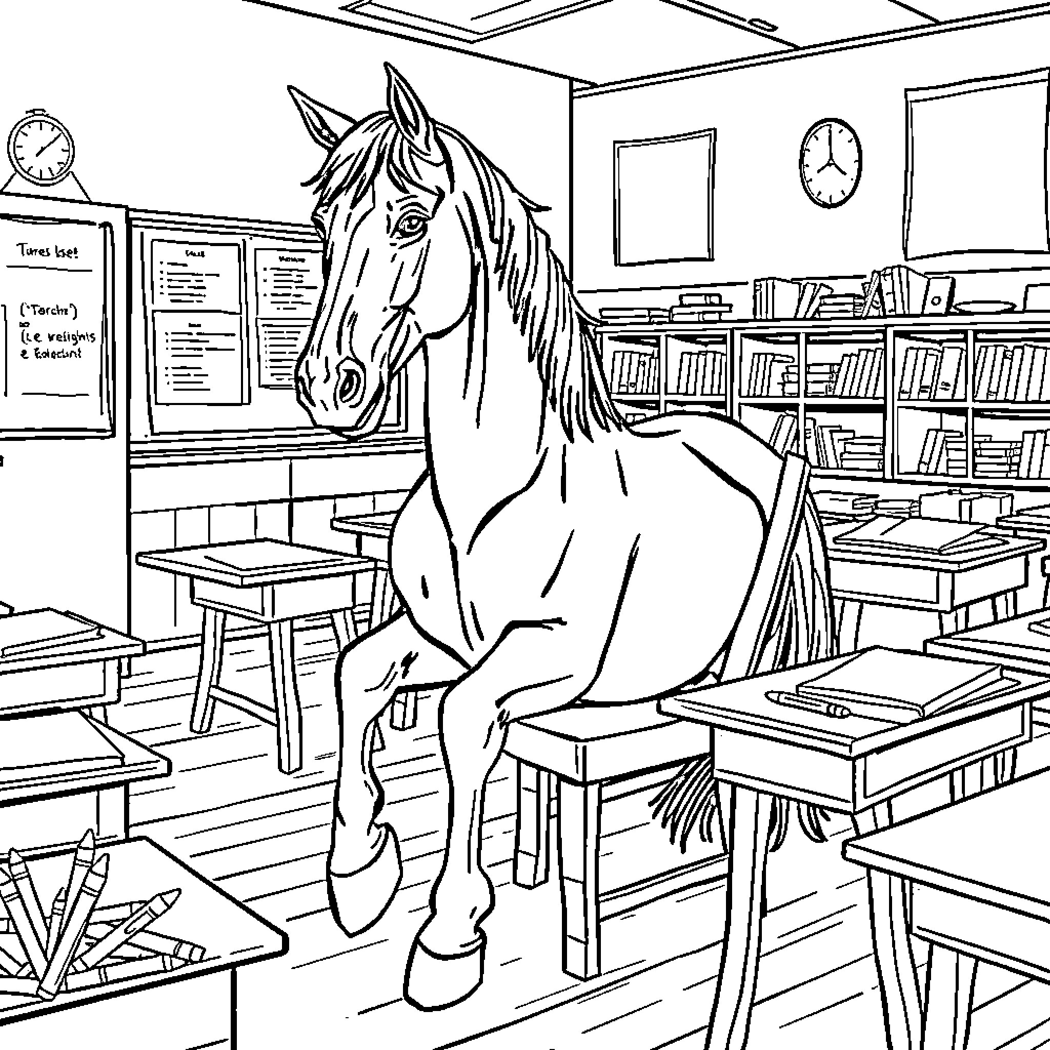 Horse standing in a classroom setting Coloring Page (free black-and-white line drawing printable PDF for all, from beginners to advanced learners, including children, teens, adults, and seniors)