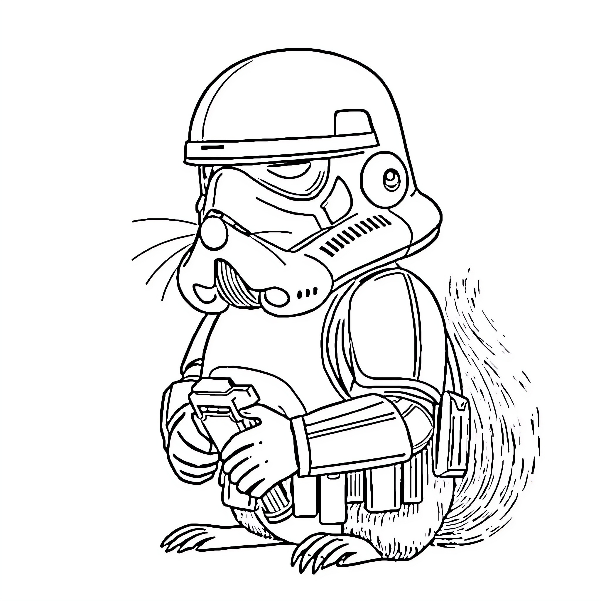 Squirrel Stormtrooper on a Mission Coloring Page (free black-and-white line drawing printable PDF for all, from beginners to advanced learners, including children, teens, adults, and seniors)