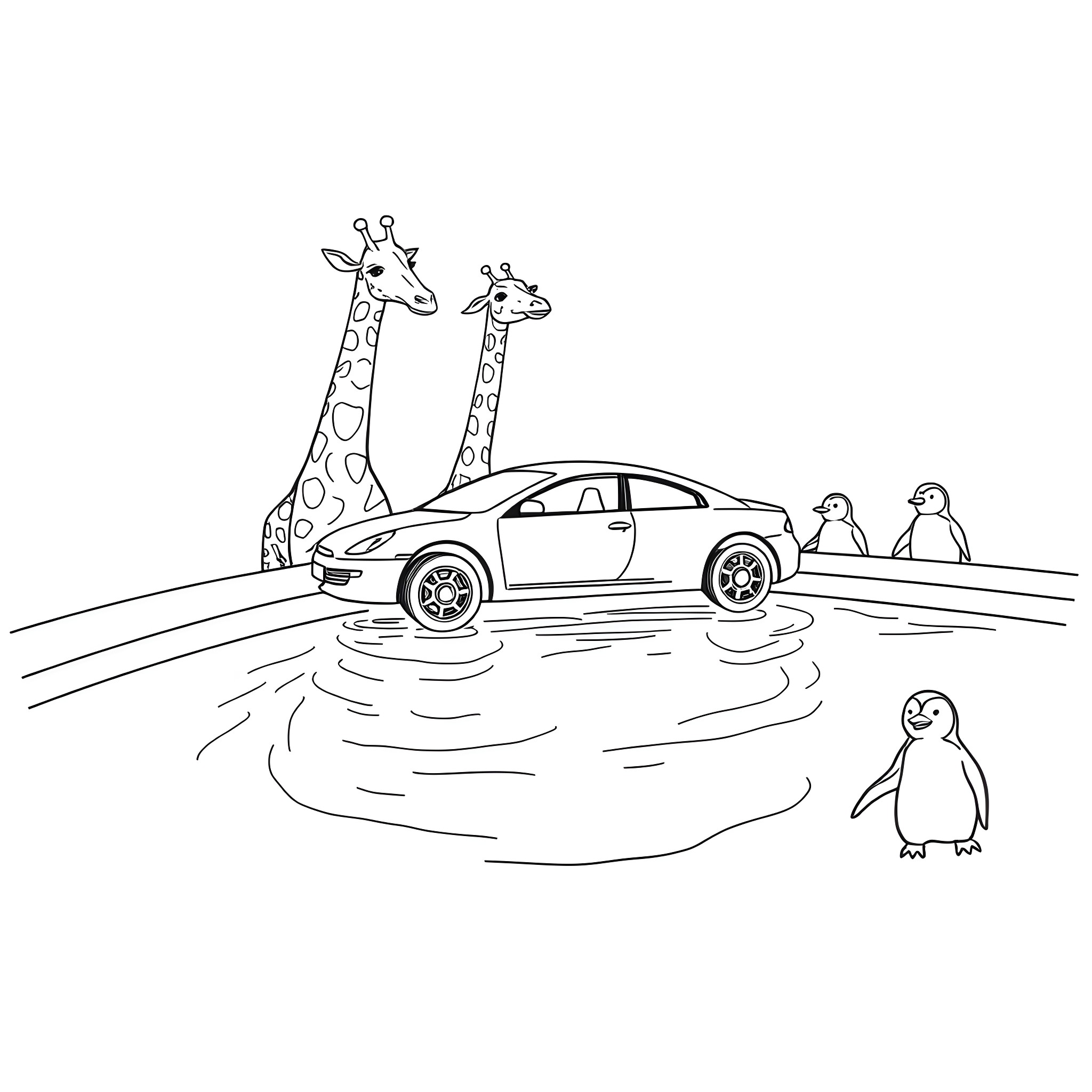 Car surrounded by wild animals in the wild Coloring Page (free black-and-white line drawing printable PDF for all, from beginners to advanced learners, including children, teens, adults, and seniors)
