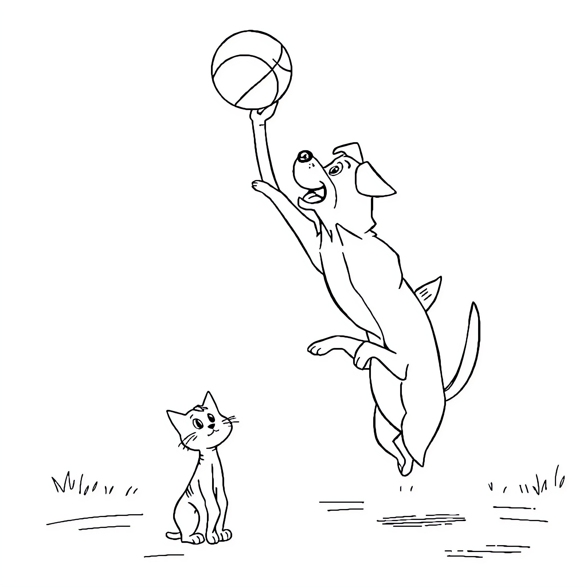 Dog jumps playfully with ball near curious cat Coloring Page (free black-and-white line drawing printable PDF for all, from beginners to advanced learners, including children, teens, adults, and seniors)