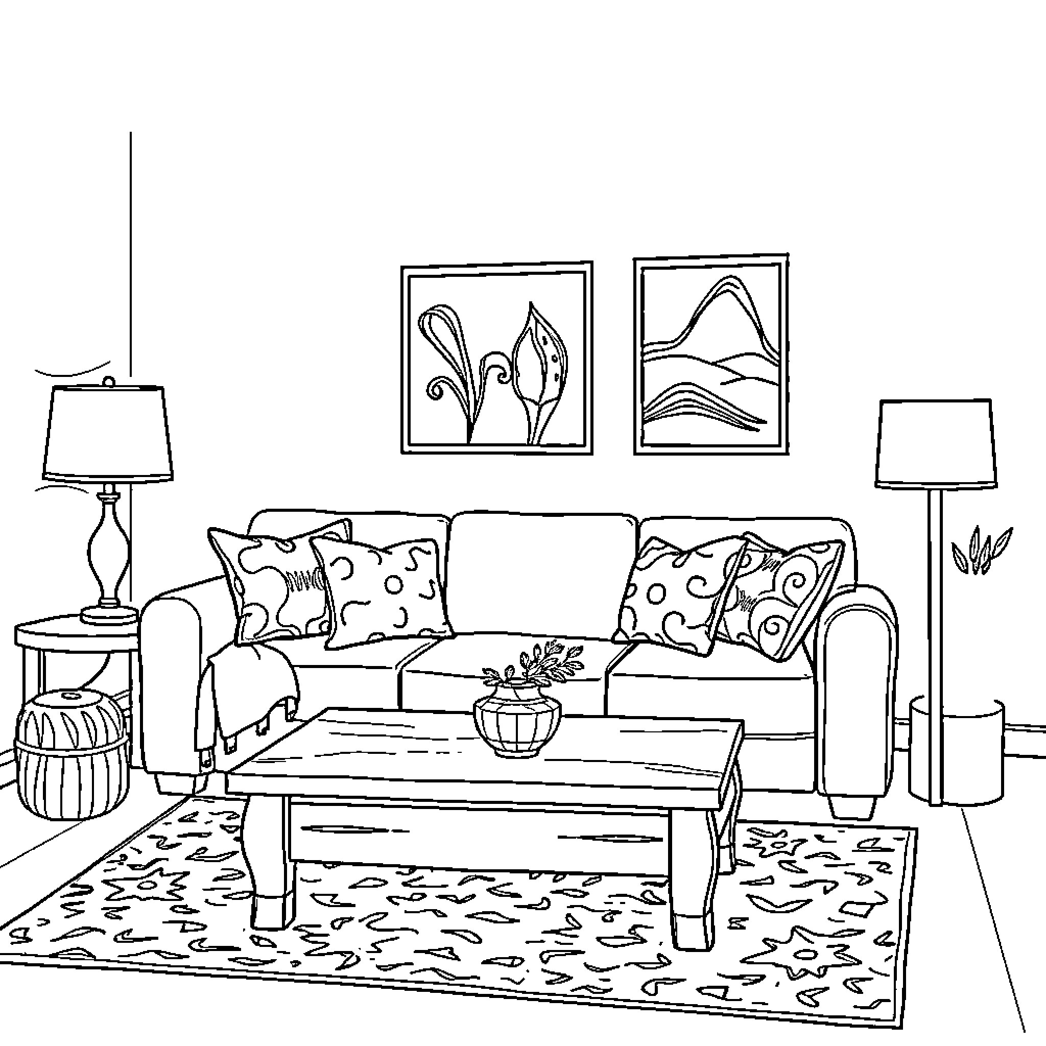 Furnishing a Cozy Living Room Coloring Page (free black-and-white line drawing printable PDF for all, from beginners to advanced learners, including children, teens, adults, and seniors)