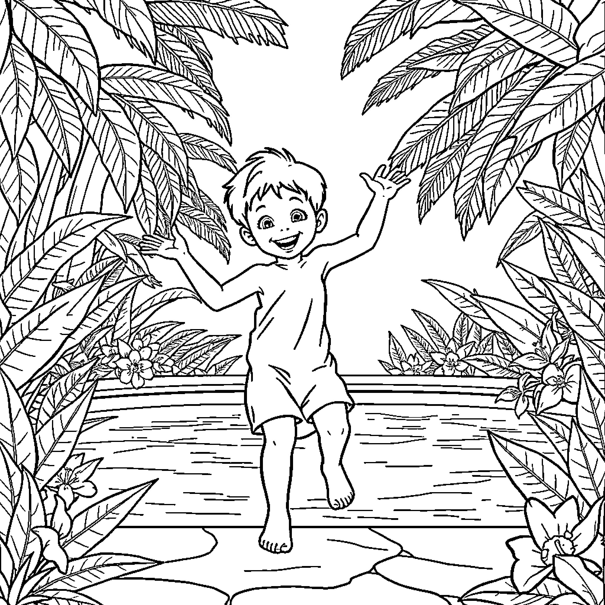 Enfant playing joyfully in tropical nature Coloring Page (free black-and-white line drawing printable PDF for all, from beginners to advanced learners, including children, teens, adults, and seniors)