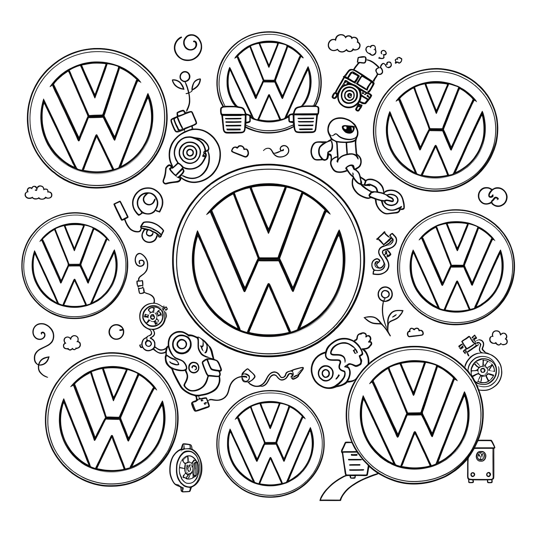 Volkswagen logos and icons with whimsical illustrations Coloring Page (free black-and-white line drawing printable PDF for all, from beginners to advanced learners, including children, teens, adults, and seniors)