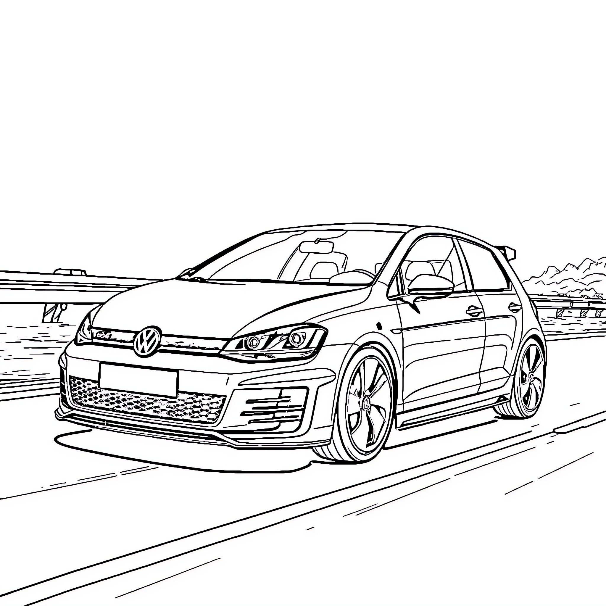 Gti car zooming on the road Coloring Page (free black-and-white line drawing printable PDF for all, from beginners to advanced learners, including children, teens, adults, and seniors)
