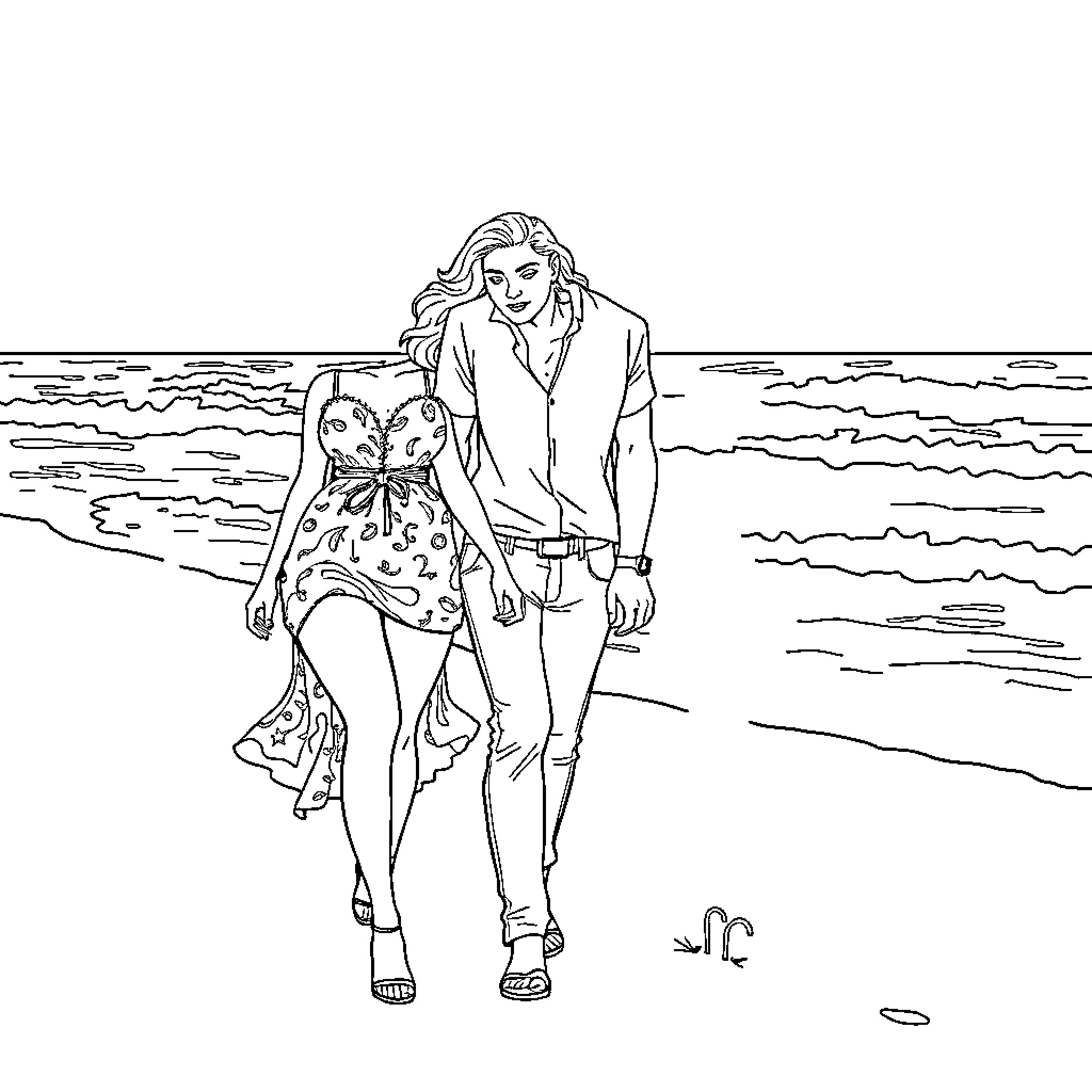 Couple strolling together on the beach Coloring Page (free black-and-white line drawing printable PDF for all, from beginners to advanced learners, including children, teens, adults, and seniors)
