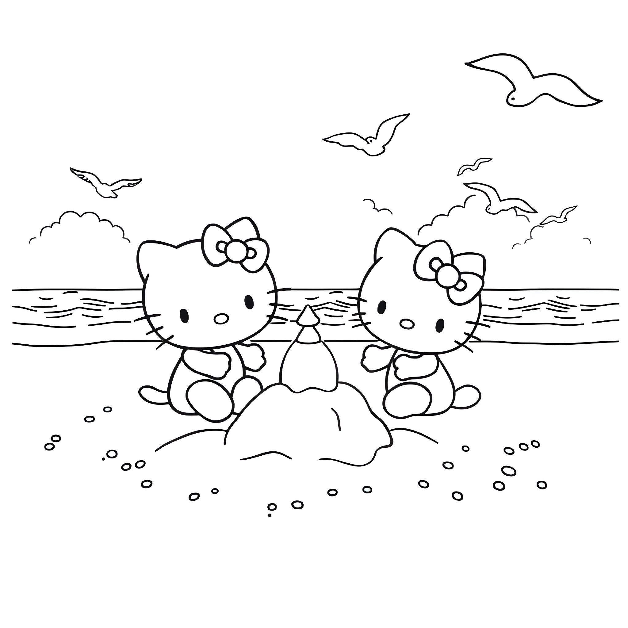 Hello Kitty enjoying the beach with friends Coloring Page (free black-and-white line drawing printable PDF for all, from beginners to advanced learners, including children, teens, adults, and seniors)