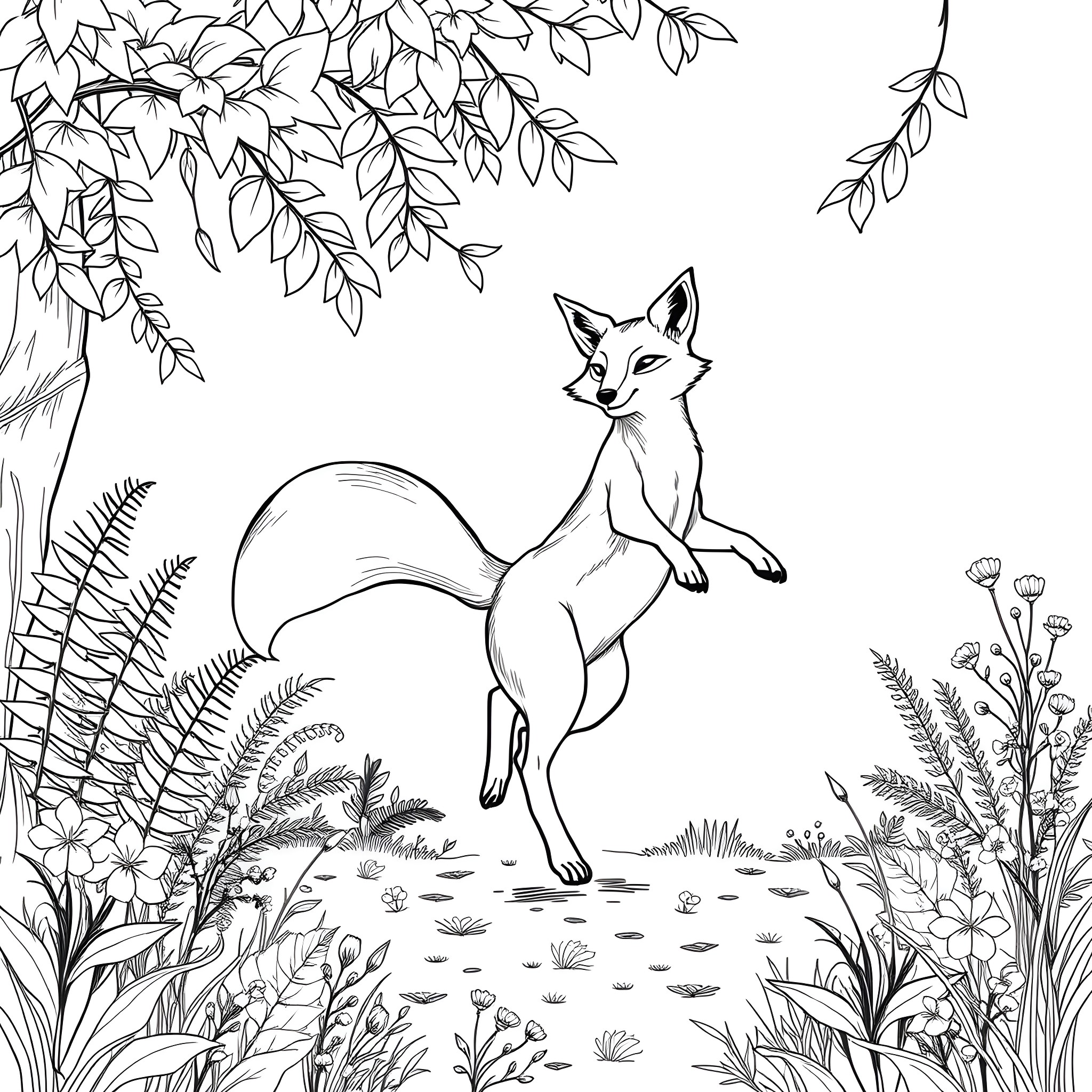 Fox Running Playfully in Lush Forest Foliage Coloring Page (free black-and-white line drawing printable PDF for all, from beginners to advanced learners, including children, teens, adults, and seniors)