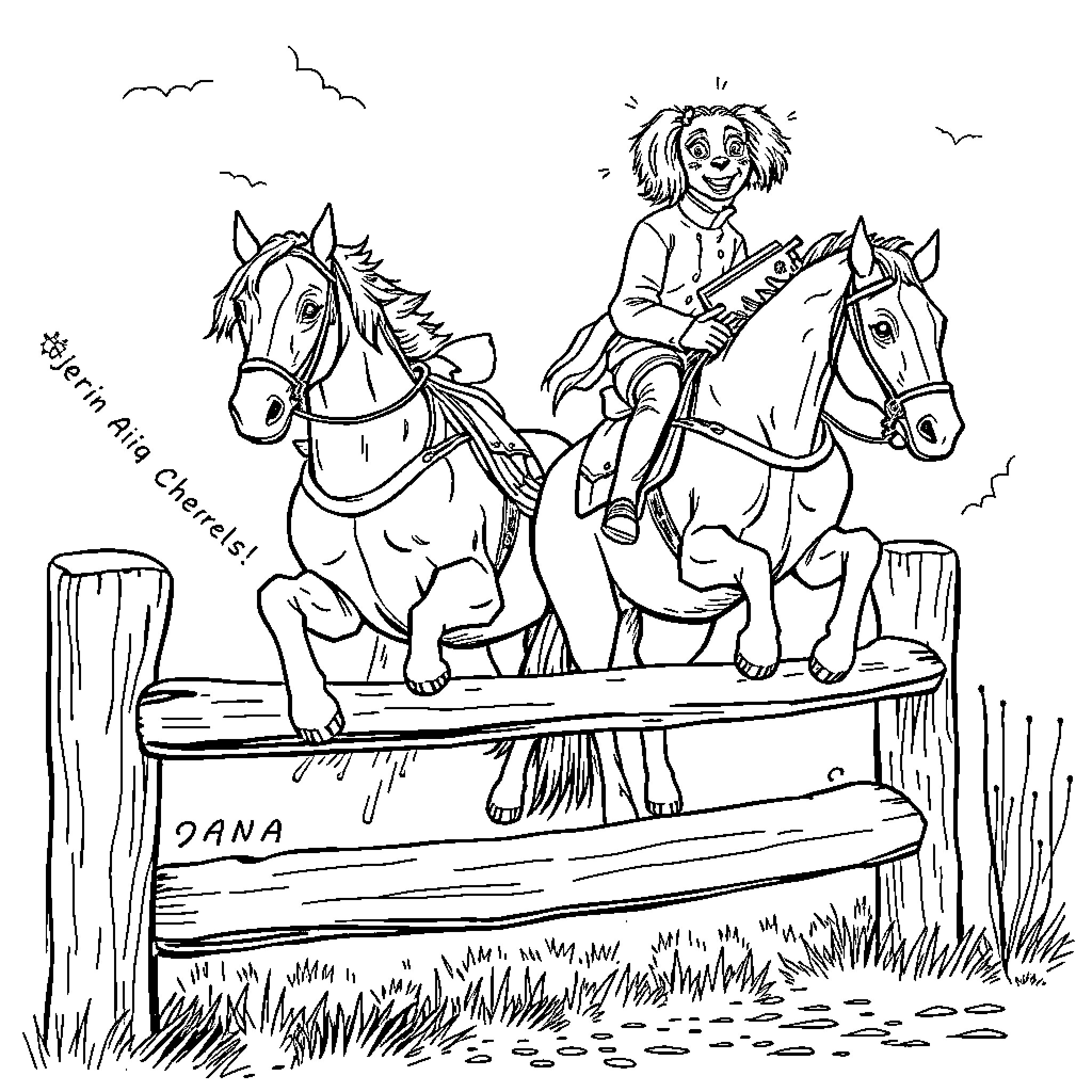 Cavalier Horse Riders Enjoying Outdoor Adventure Coloring Page (free black-and-white line drawing printable PDF for all, from beginners to advanced learners, including children, teens, adults, and seniors)