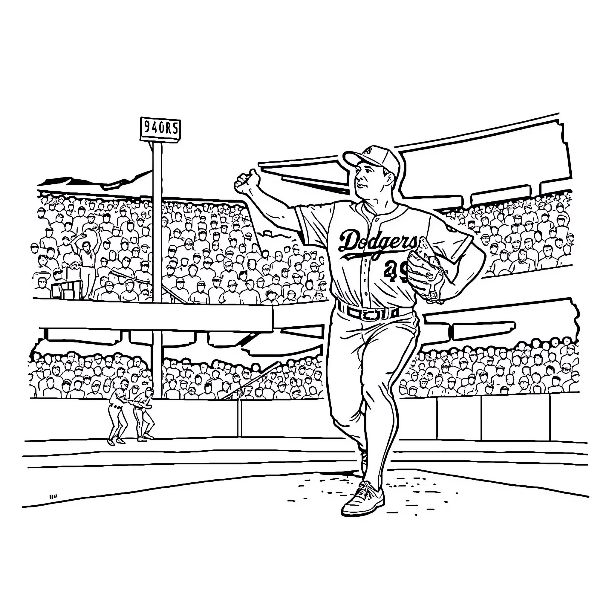Sandy Koufax pitching to the batter in the baseball stadium Coloring Page (free black-and-white line drawing printable PDF for all, from beginners to advanced learners, including children, teens, adults, and seniors)