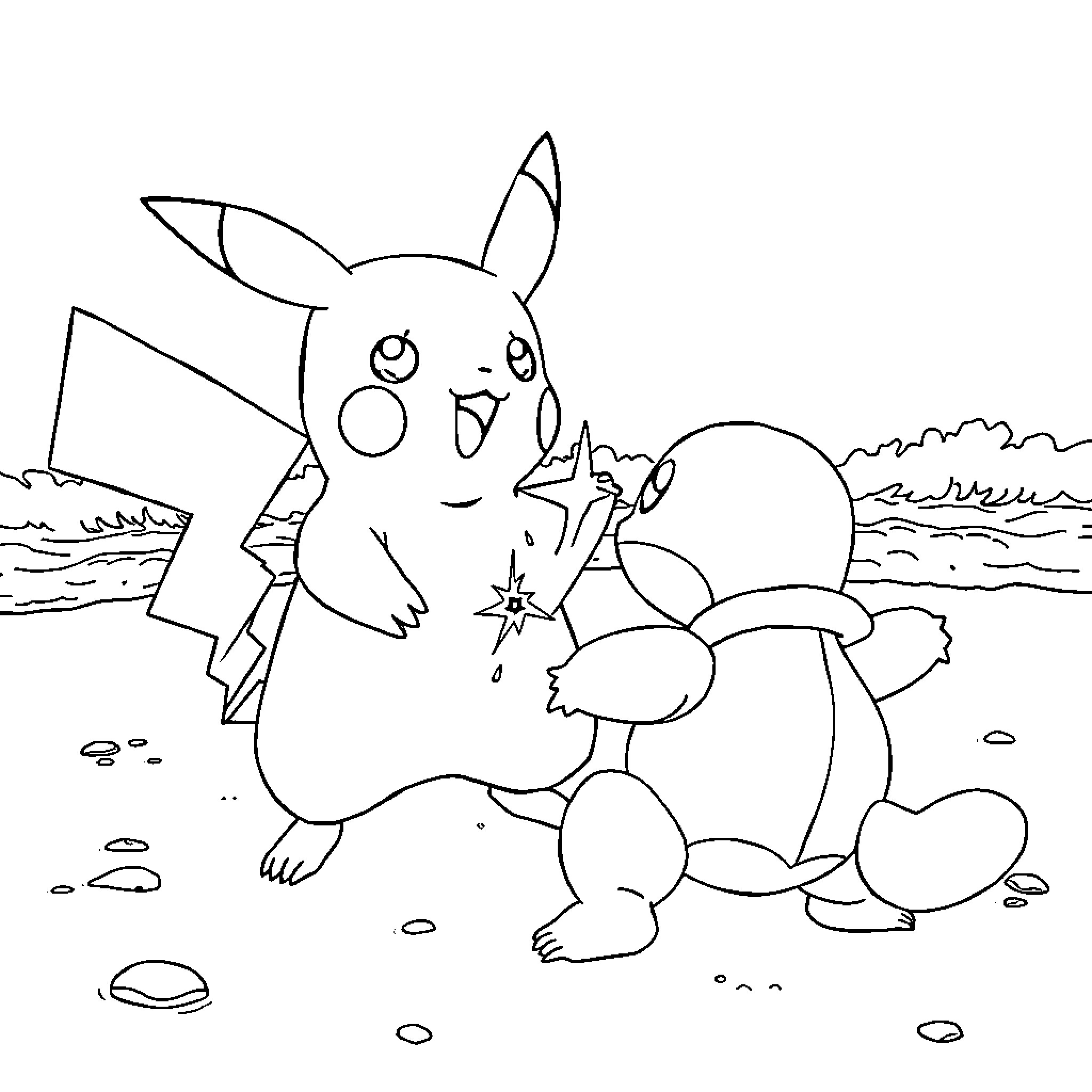 Pikachu Surprised in Outdoor Landscape Coloring Page (free black-and-white line drawing printable PDF for all, from beginners to advanced learners, including children, teens, adults, and seniors)