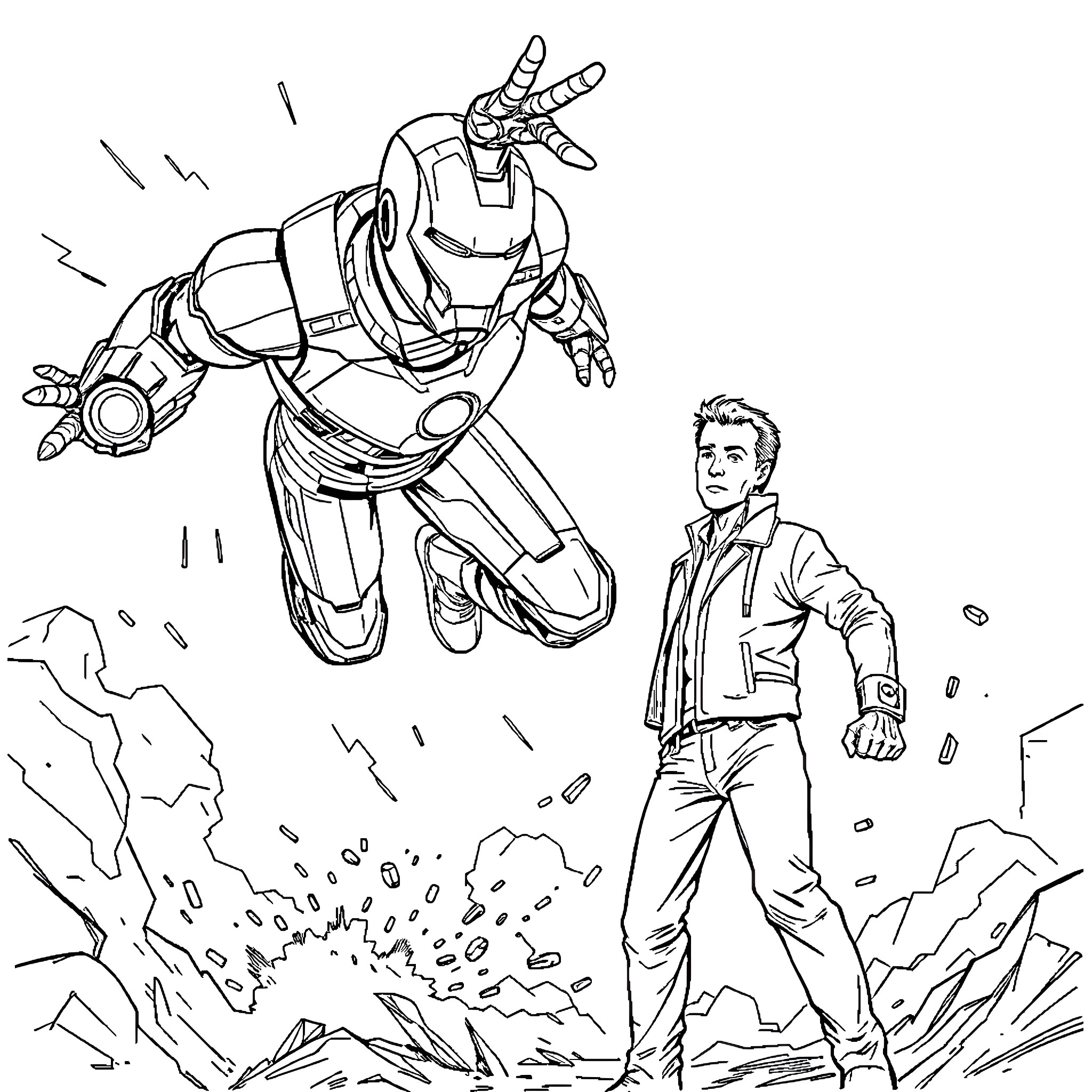 Iron Man takes flight alongside a human companion Coloring Page (free black-and-white line drawing printable PDF for all, from beginners to advanced learners, including children, teens, adults, and seniors)