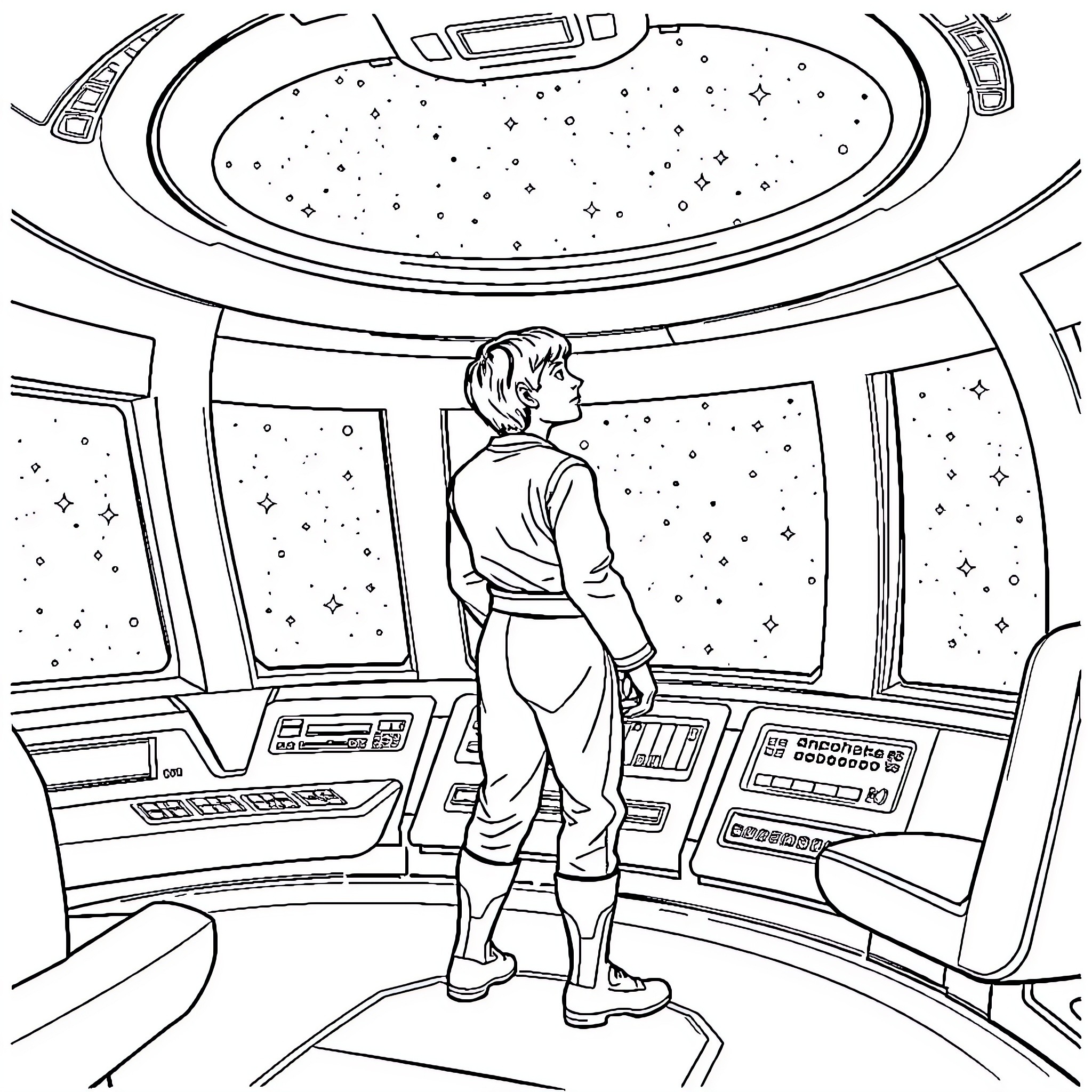 Luke Skywalker gazing at the stars in a spacecraft Coloring Page (free black-and-white line drawing printable PDF for all, from beginners to advanced learners, including children, teens, adults, and seniors)