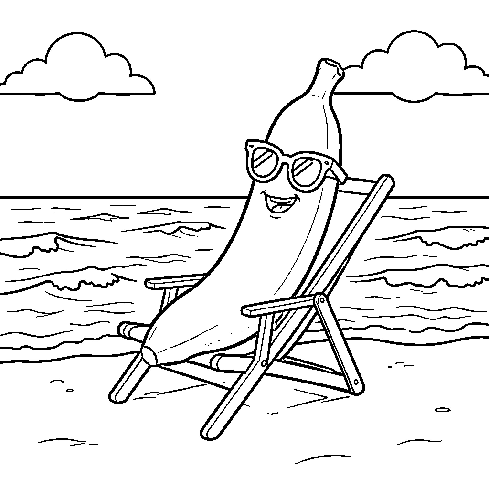 Banana wearing sunglasses relaxing on a beach chair Coloring Page (free black-and-white line drawing printable PDF for all, from beginners to advanced learners, including children, teens, adults, and seniors)