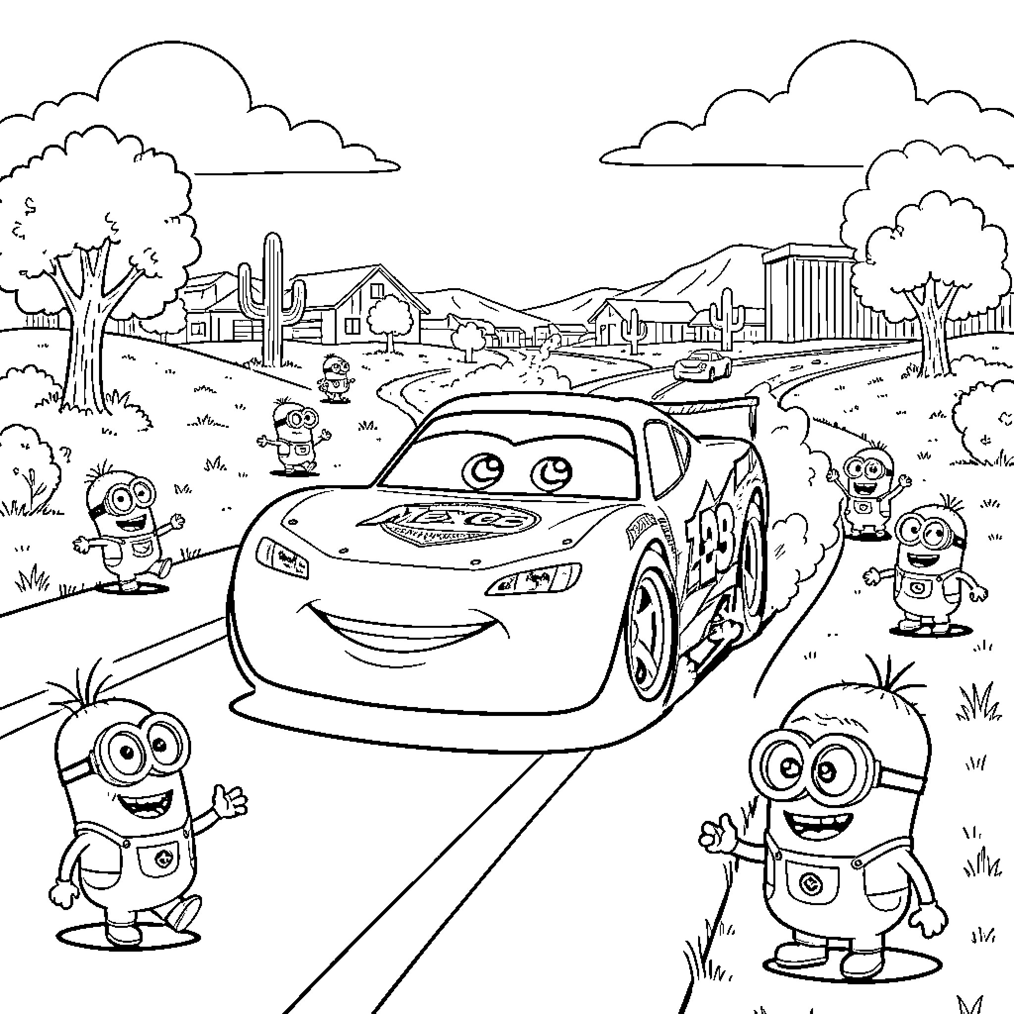 Lightning McQueen's adventure with Minions in the countryside Coloring Page (free black-and-white line drawing printable PDF for all, from beginners to advanced learners, including children, teens, adults, and seniors)