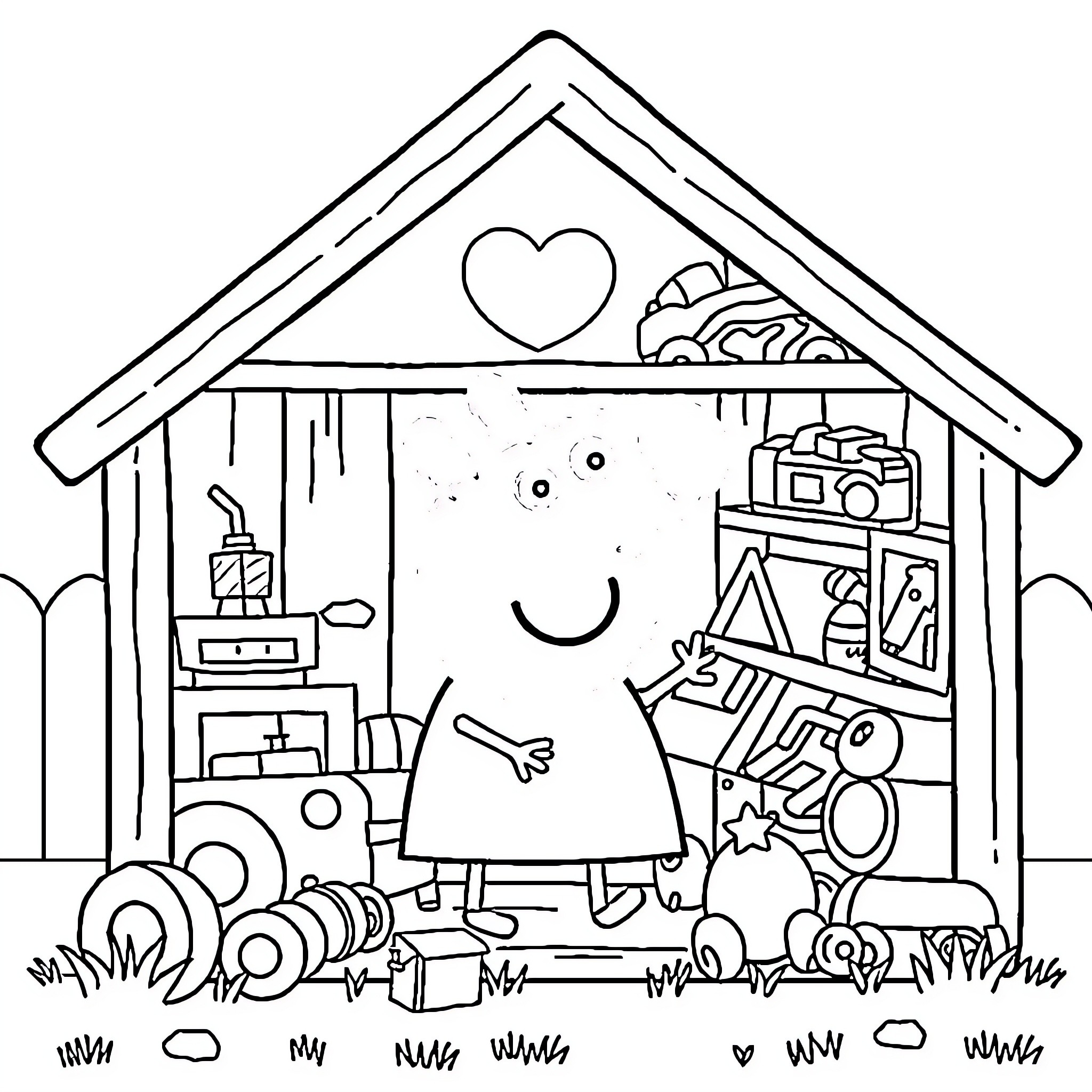 Peppa Pig's Playful Shed Adventure Coloring Page (free black-and-white line drawing printable PDF for all, from beginners to advanced learners, including children, teens, adults, and seniors)
