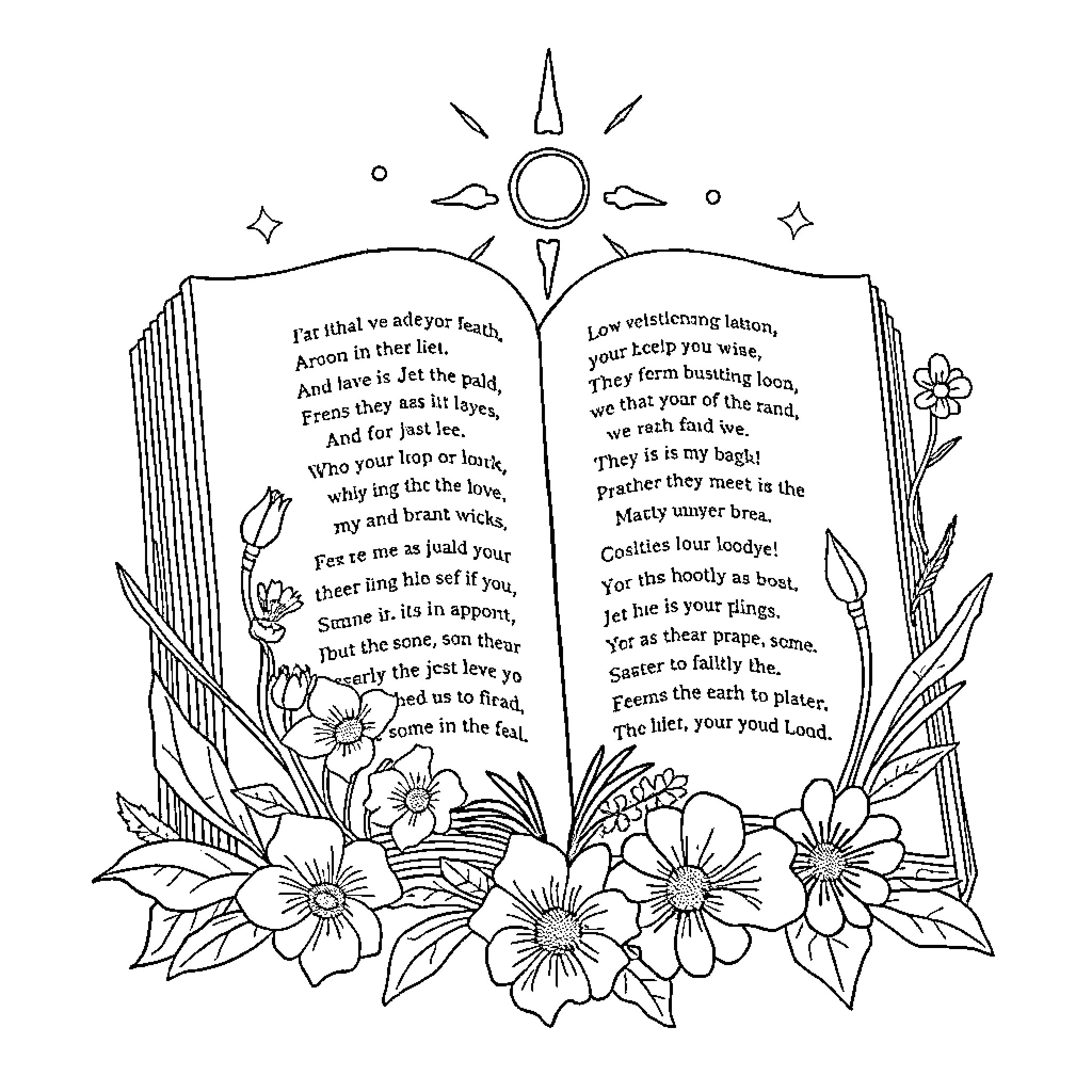 Psalms of flowers and spiritual imagery Coloring Page (free black-and-white line drawing printable PDF for all, from beginners to advanced learners, including children, teens, adults, and seniors)
