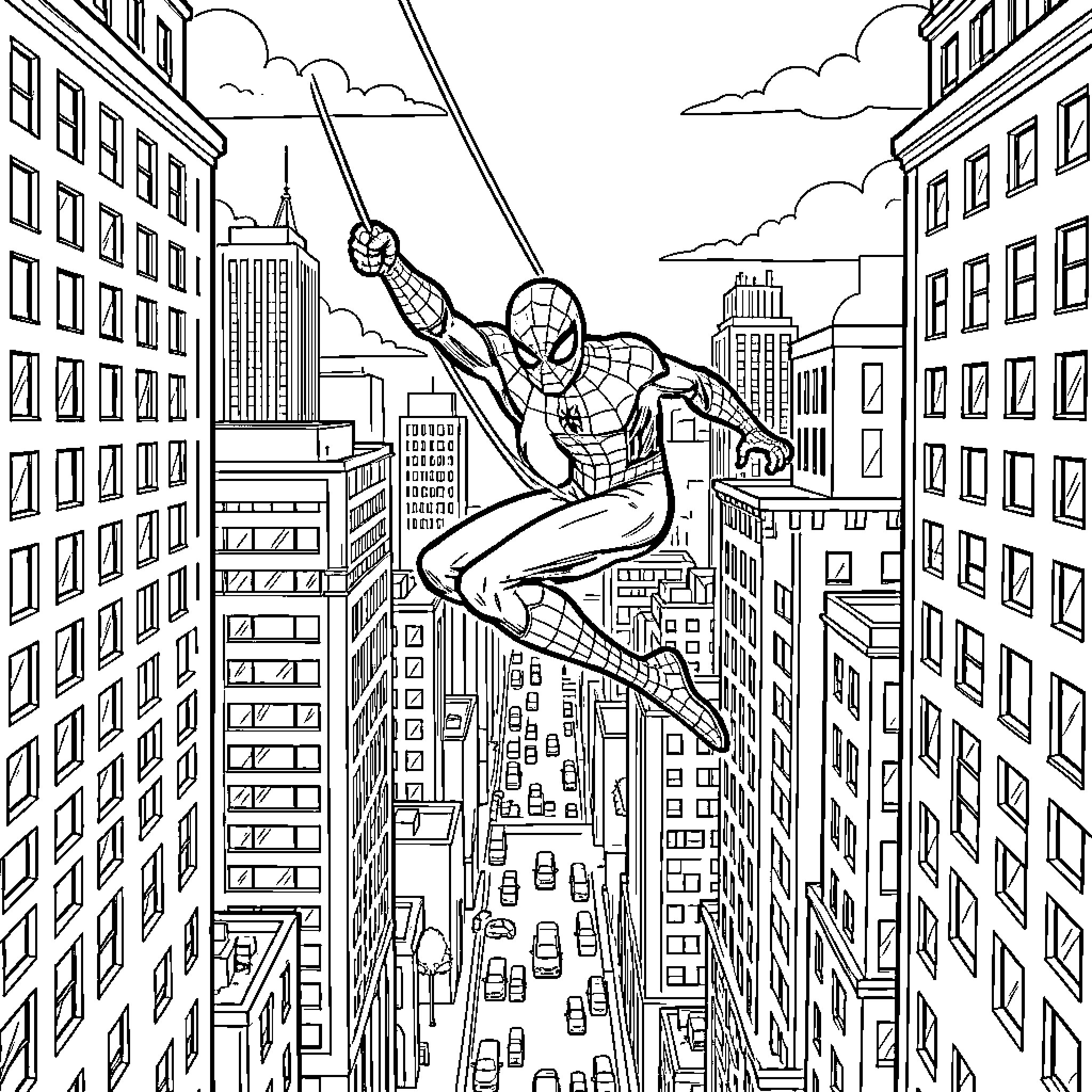Spiderman swinging through a busy city landscape Coloring Page (free black-and-white line drawing printable PDF for all, from beginners to advanced learners, including children, teens, adults, and seniors)