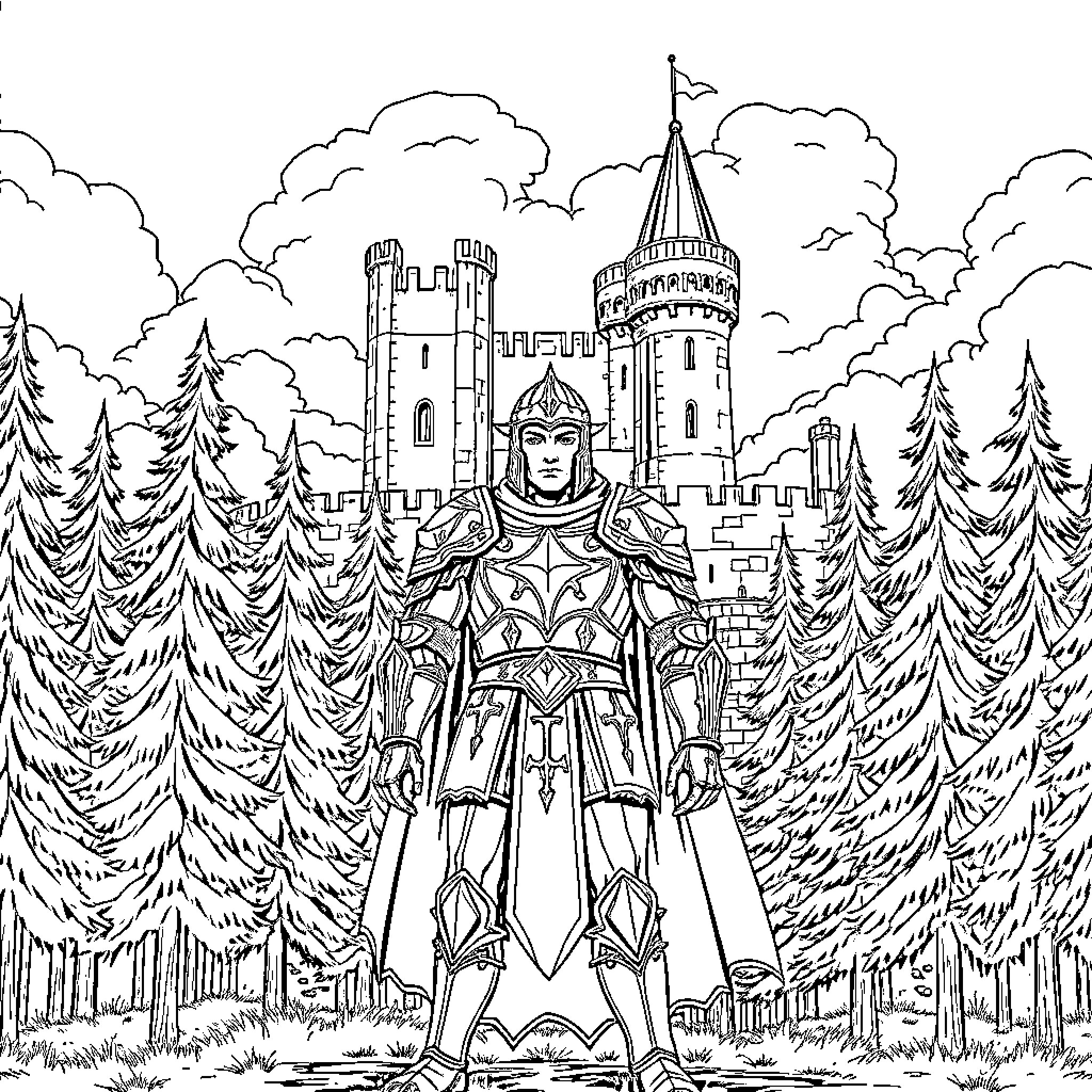 Hero stands tall before majestic castle in enchanted forest Coloring Page (free black-and-white line drawing printable PDF for all, from beginners to advanced learners, including children, teens, adults, and seniors)