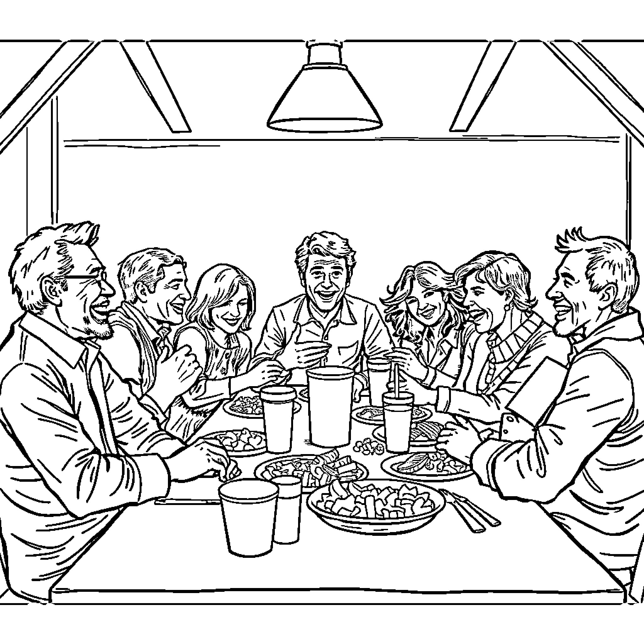 Musician friends enjoying a meal together Coloring Page (free black-and-white line drawing printable PDF for all, from beginners to advanced learners, including children, teens, adults, and seniors)