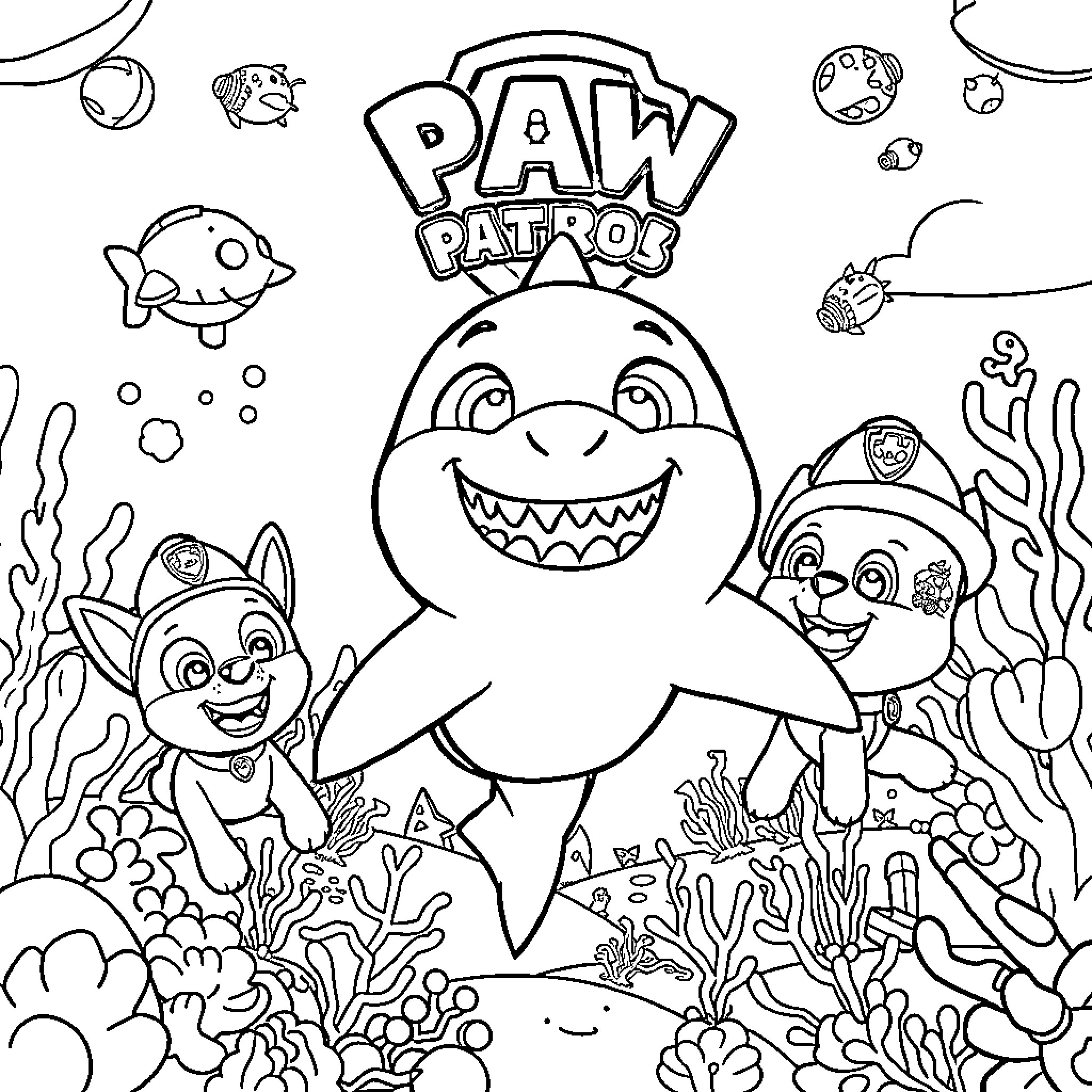 Baby Shark characters exploring the underwater world Coloring Page (free black-and-white line drawing printable PDF for all, from beginners to advanced learners, including children, teens, adults, and seniors)