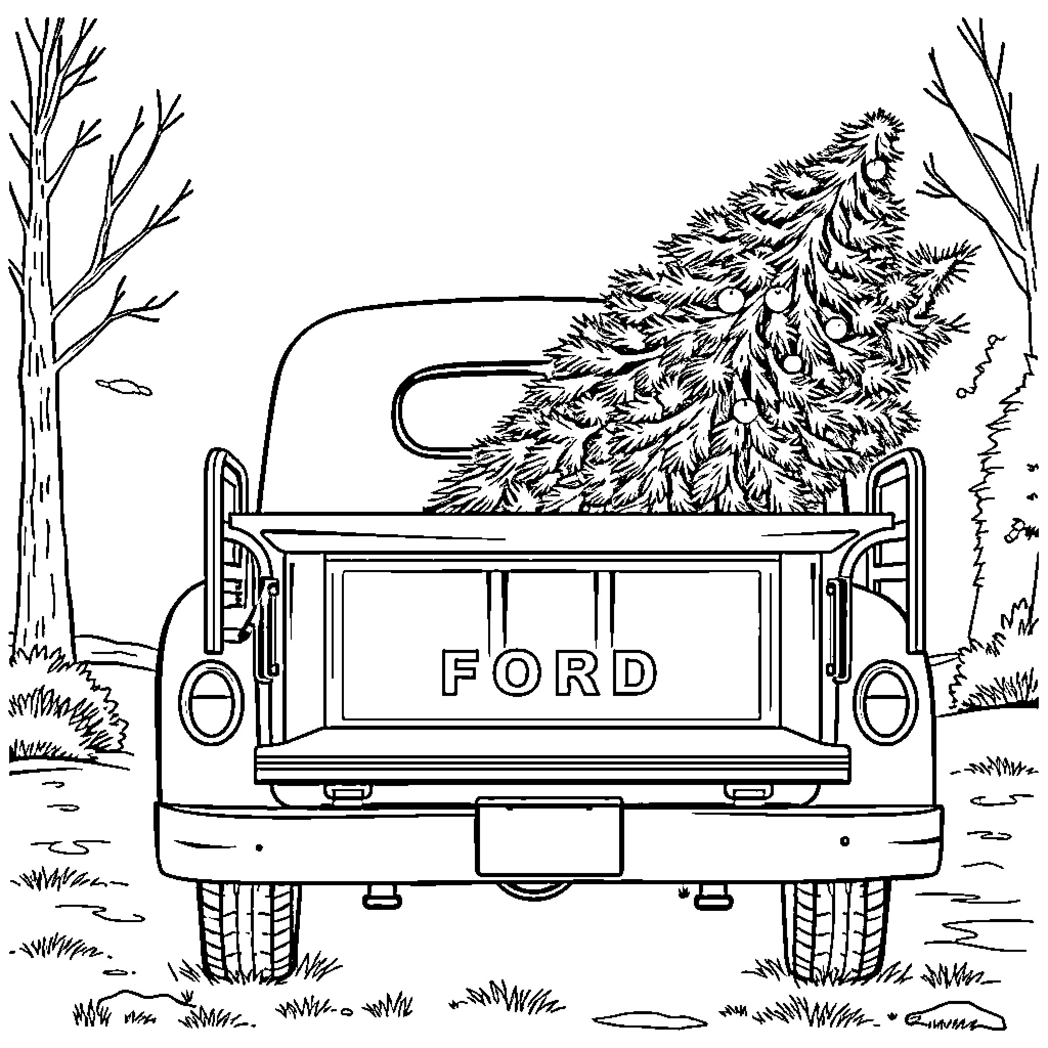 Ford F-1 transporting Christmas tree through snowy landscape Coloring Page (free black-and-white line drawing printable PDF for all, from beginners to advanced learners, including children, teens, adults, and seniors)
