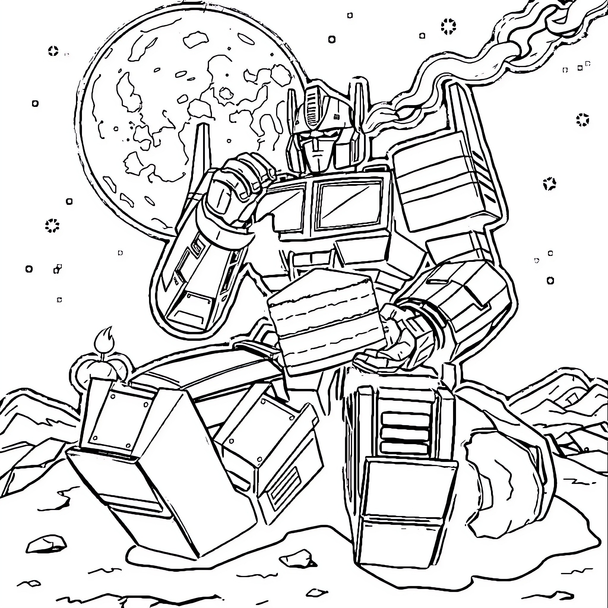 Optimus Prime battling in the intergalactic landscape Coloring Page (free black-and-white line drawing printable PDF for all, from beginners to advanced learners, including children, teens, adults, and seniors)
