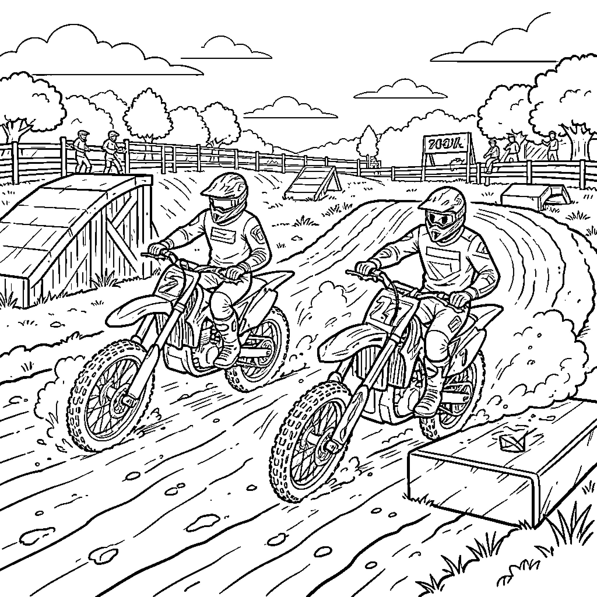 Motocross riders racing through a dirt track course Coloring Page (free black-and-white line drawing printable PDF for all, from beginners to advanced learners, including children, teens, adults, and seniors)