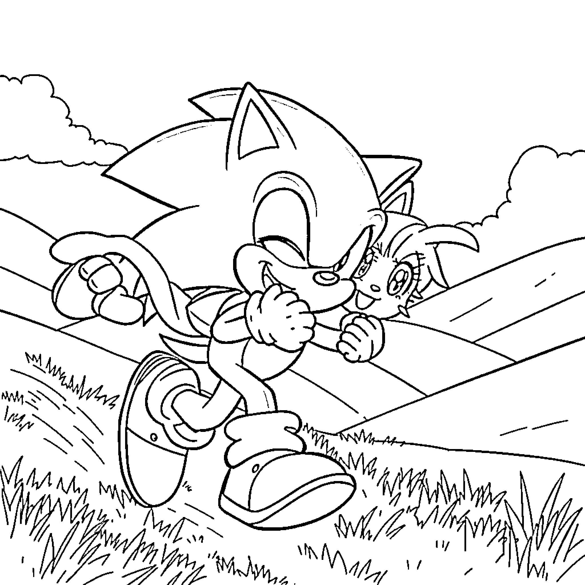 Sonic running through a grassy landscape Coloring Page (free black-and-white line drawing printable PDF for all, from beginners to advanced learners, including children, teens, adults, and seniors)
