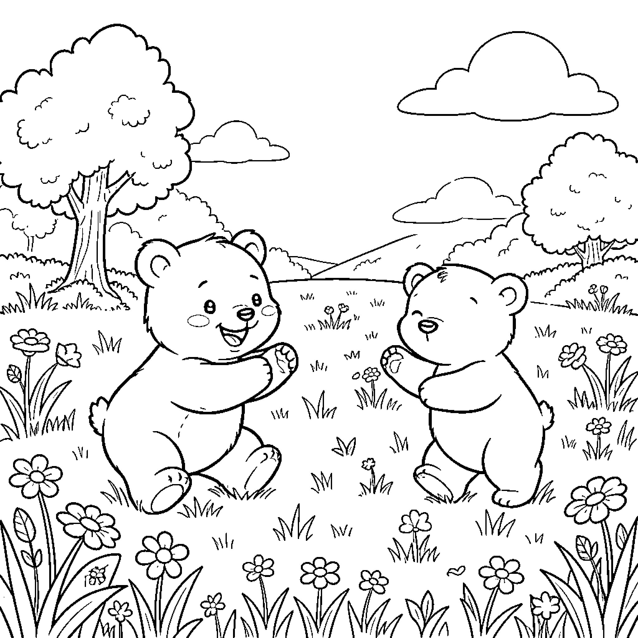 Bear Cubs Playfully Exploring in Nature Coloring Page (free black-and-white line drawing printable PDF for all, from beginners to advanced learners, including children, teens, adults, and seniors)