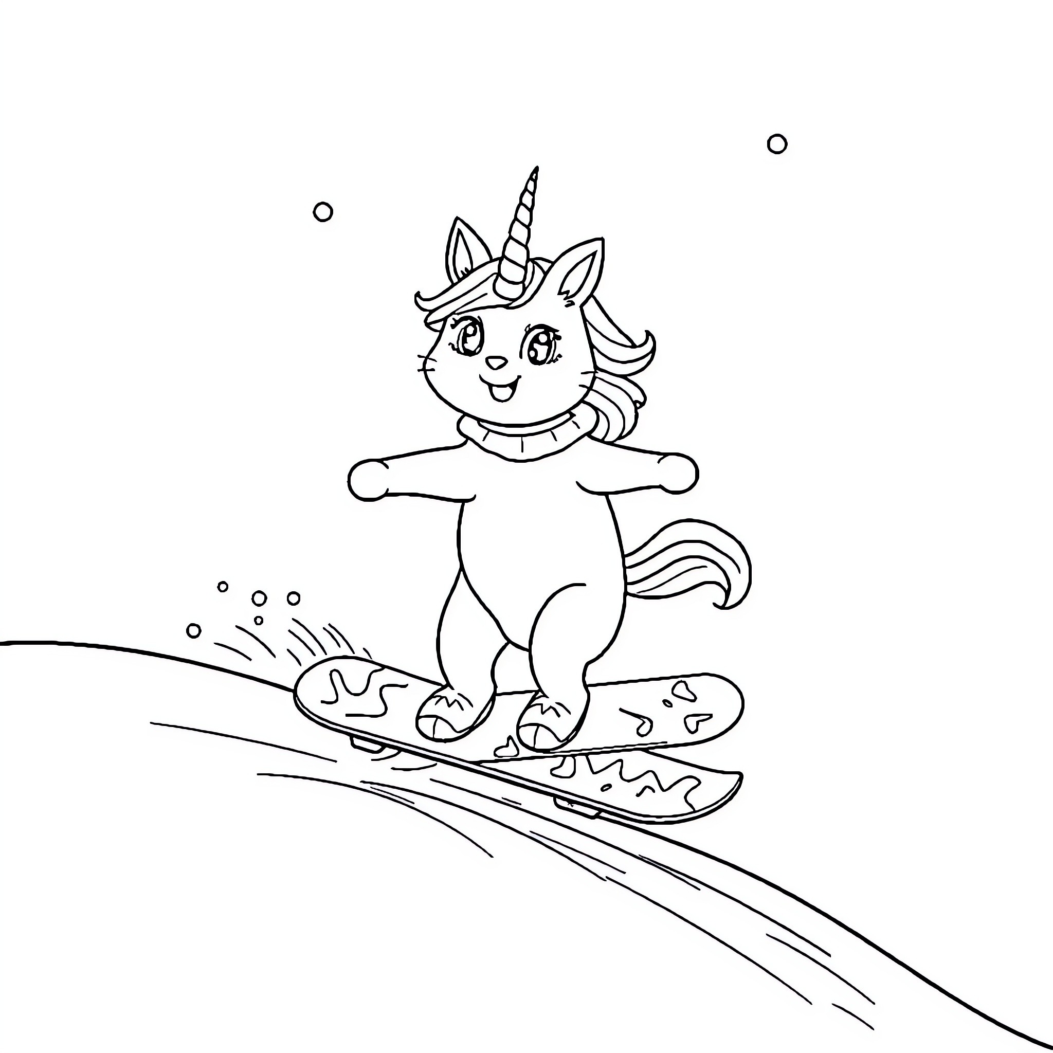 Unicorn Cat surfing happily on the waves Coloring Page (free black-and-white line drawing printable PDF for all, from beginners to advanced learners, including children, teens, adults, and seniors)