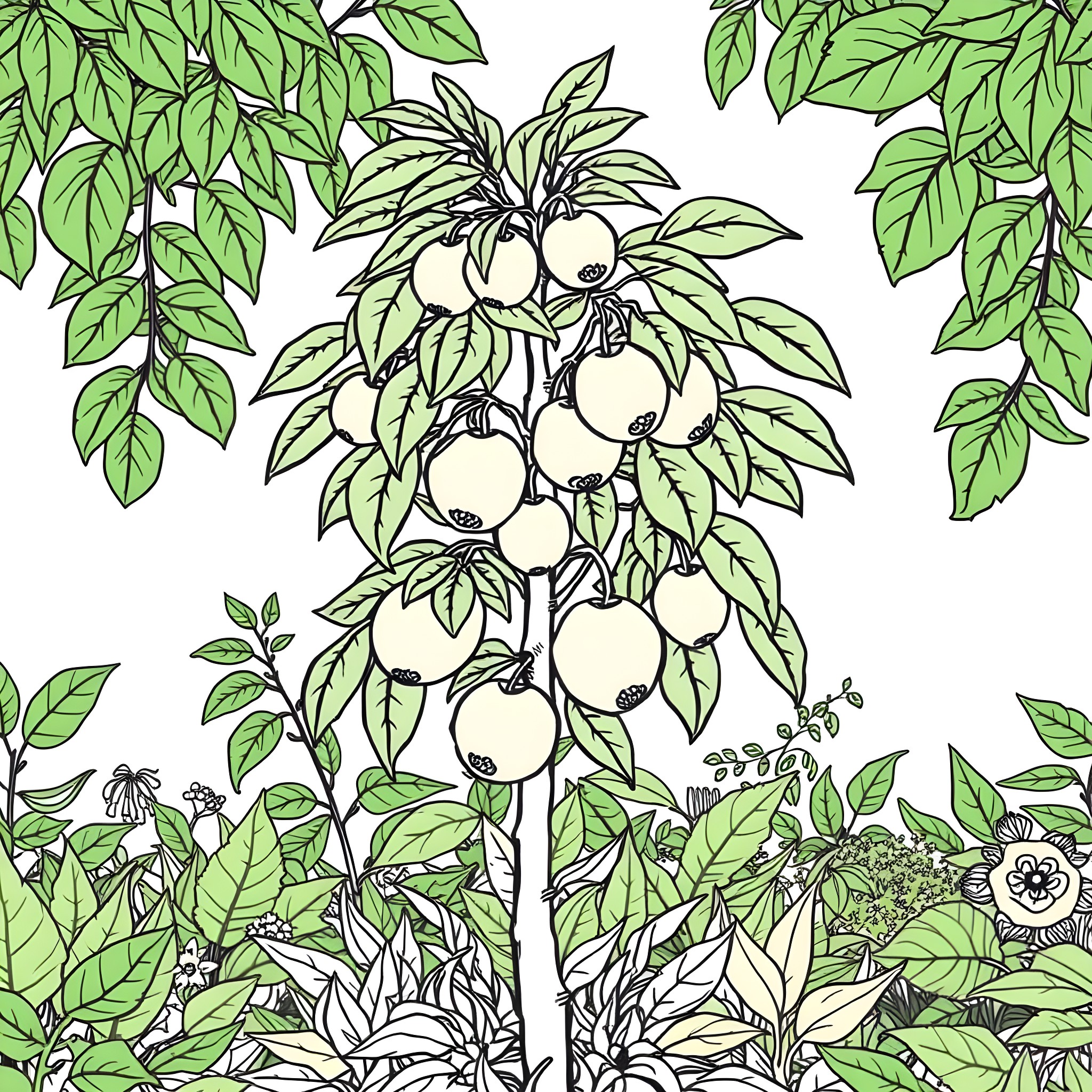 Apricot tree with lush greenery Coloring Page (free black-and-white line drawing printable PDF for all, from beginners to advanced learners, including children, teens, adults, and seniors)