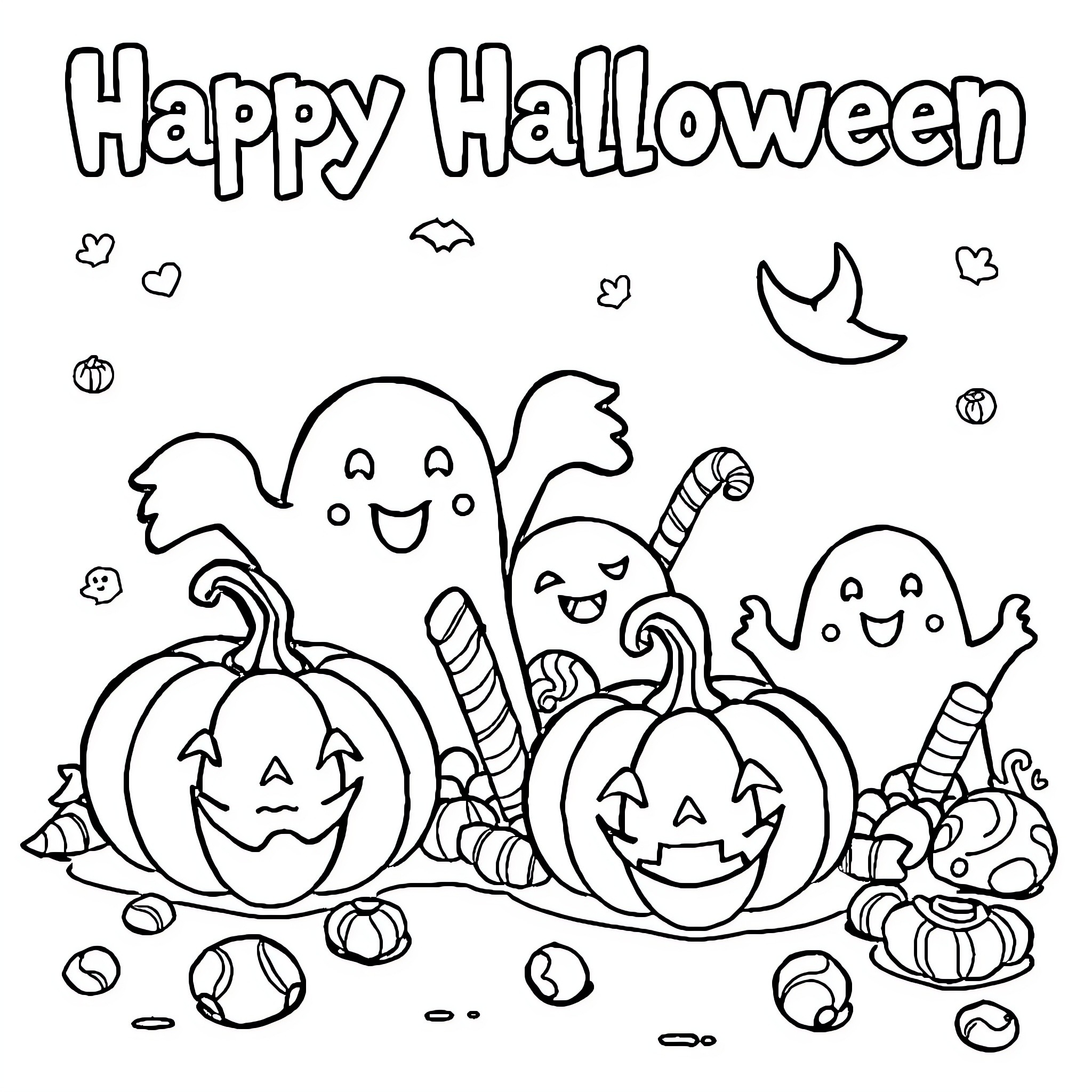 Doodle Halloween with happy ghosts and pumpkins Coloring Page (free black-and-white line drawing printable PDF for all, from beginners to advanced learners, including children, teens, adults, and seniors)