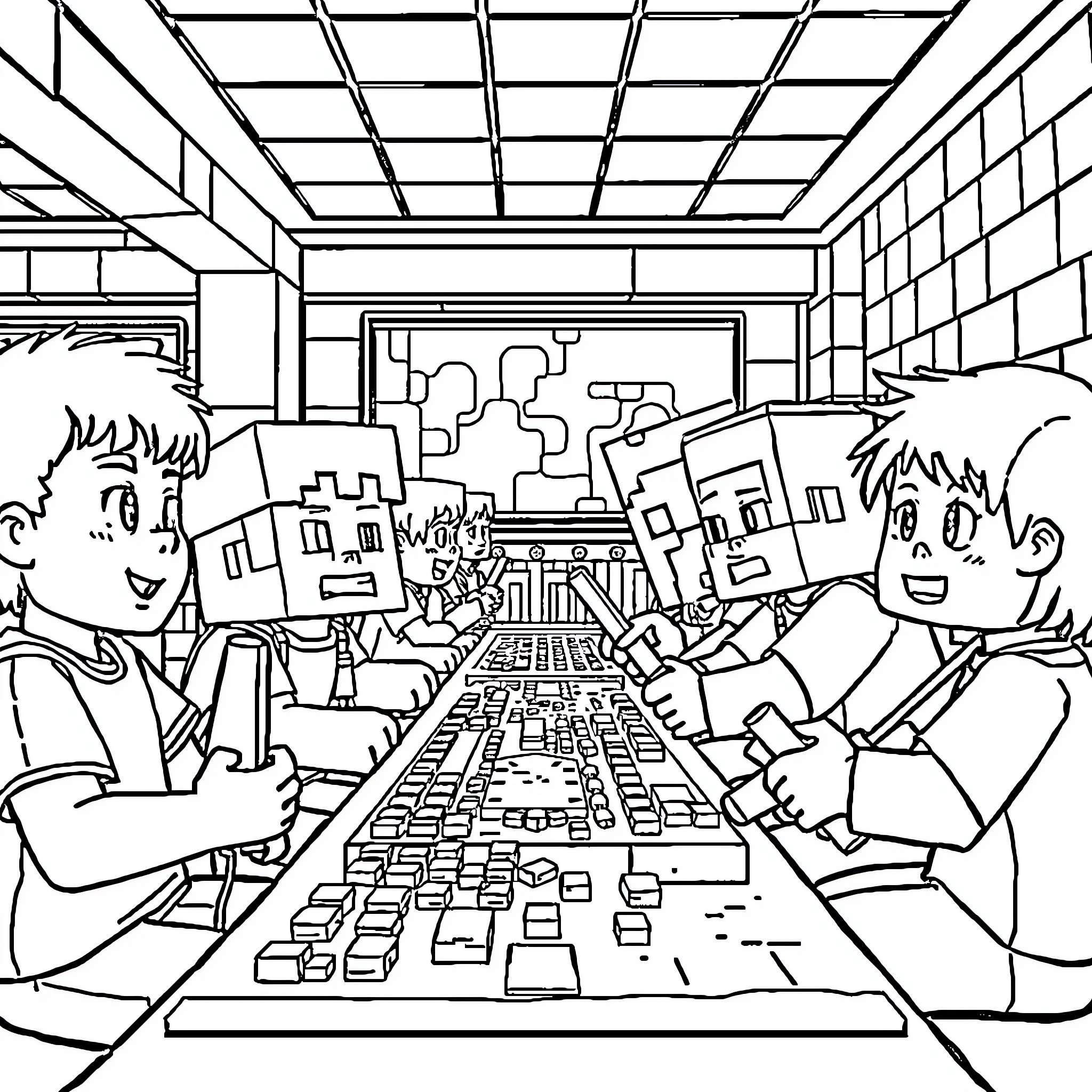 Minecraft characters exploring a futuristic city Coloring Page (free black-and-white line drawing printable PDF for all, from beginners to advanced learners, including children, teens, adults, and seniors)