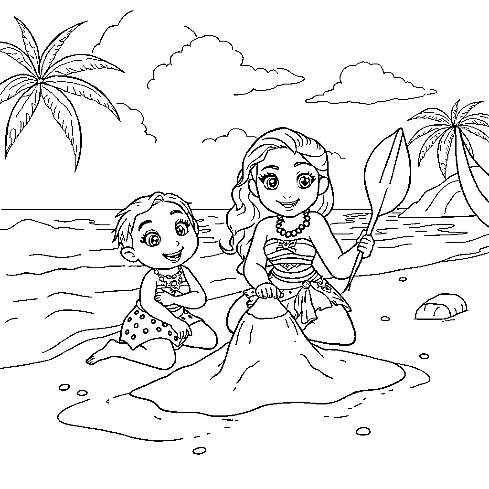 Moana and Maui enjoying the beach scene Coloring Page (free black-and-white line drawing printable PDF for all, from beginners to advanced learners, including children, teens, adults, and seniors)