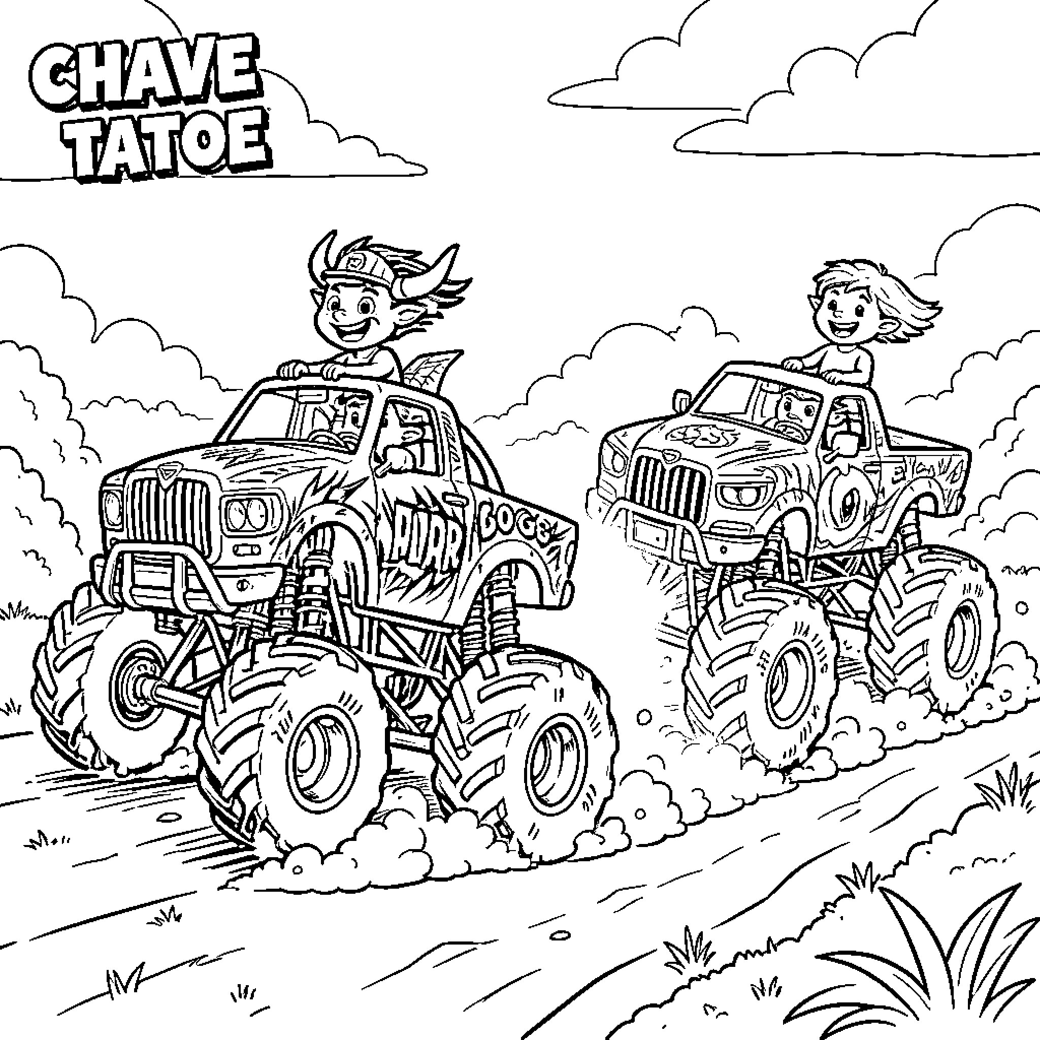 Monster Trucks Chave Tatoe Adventure Coloring Page (free black-and-white line drawing printable PDF for all, from beginners to advanced learners, including children, teens, adults, and seniors)