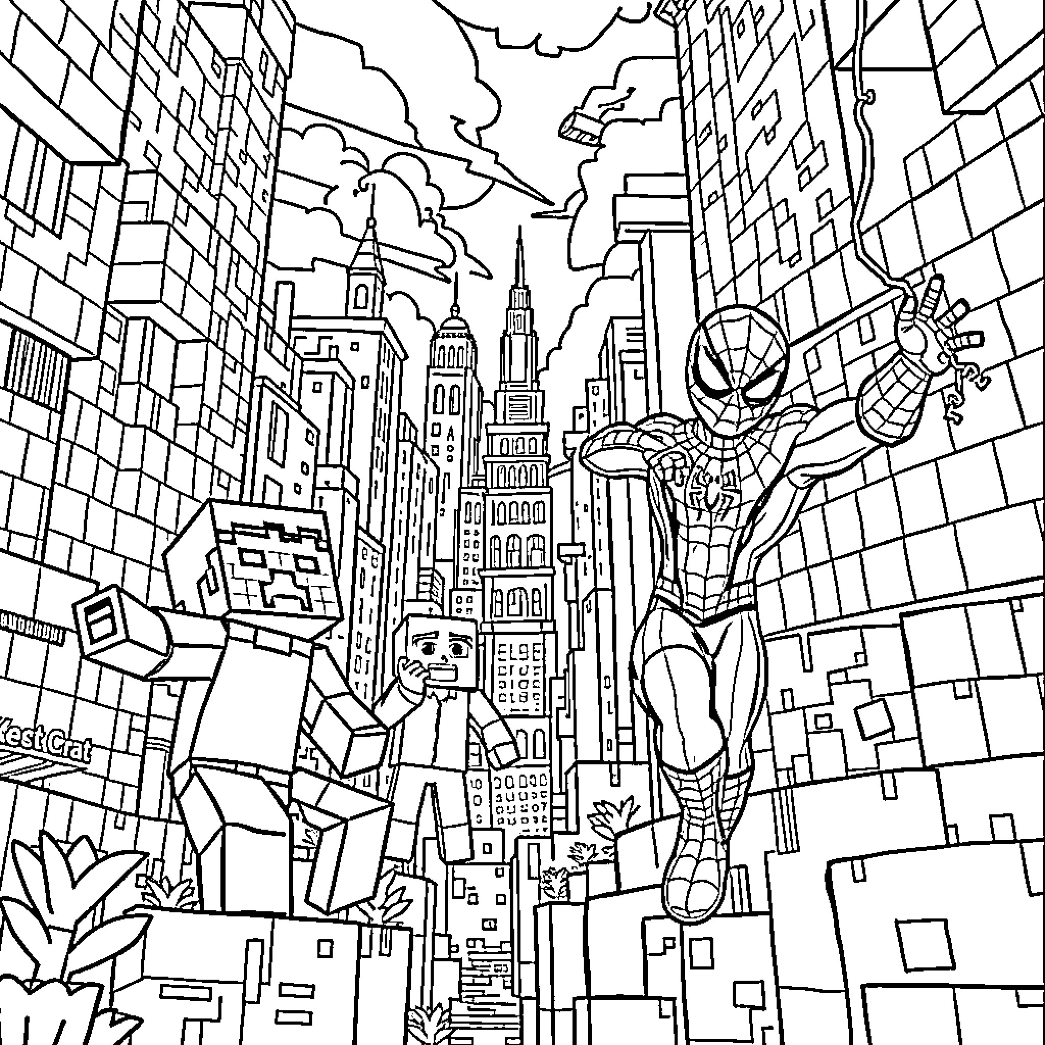 Minecraft Superhero Swings Through City Skyline Coloring Page (free black-and-white line drawing printable PDF for all, from beginners to advanced learners, including children, teens, adults, and seniors)