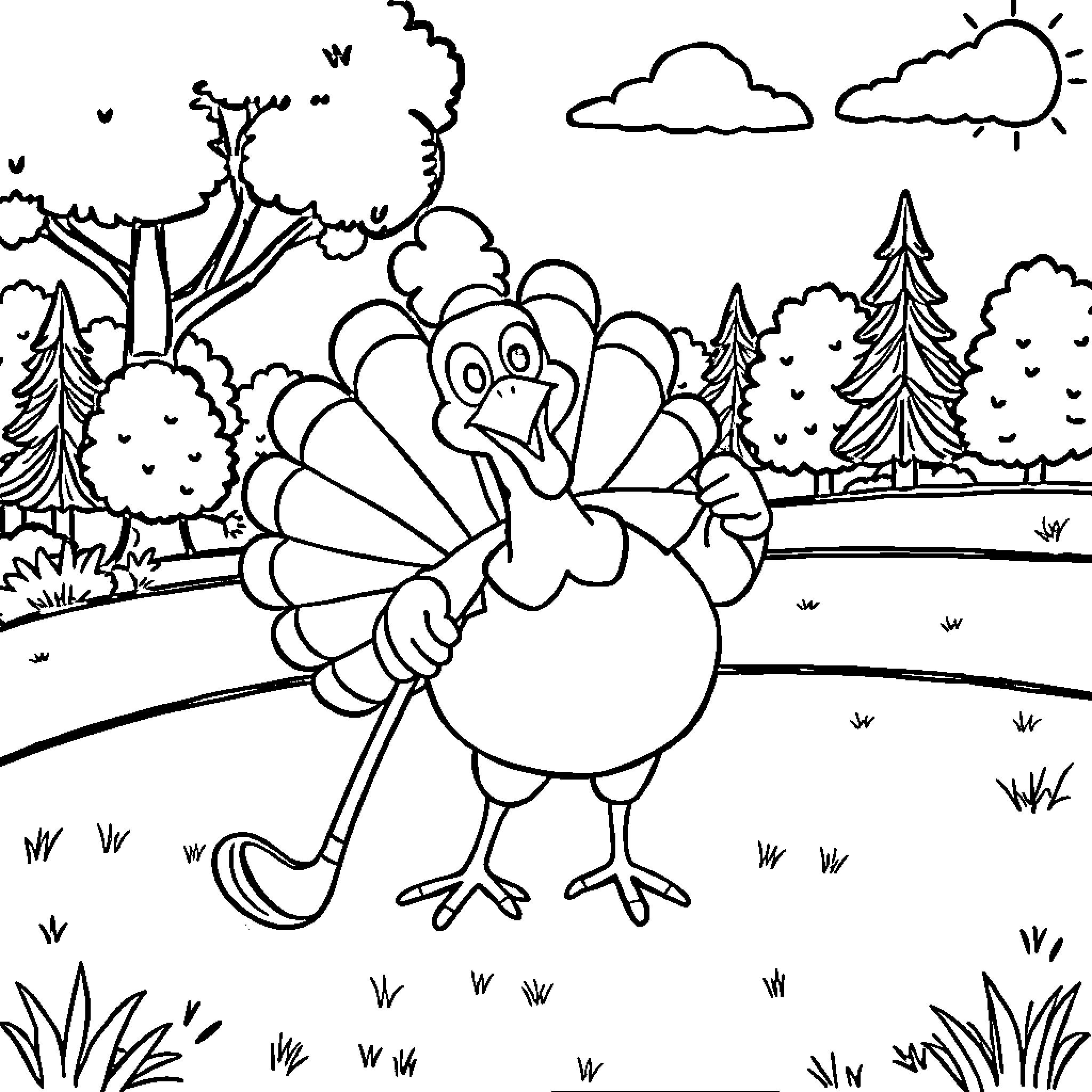 Turkey exploring a serene forest landscape Coloring Page (free black-and-white line drawing printable PDF for all, from beginners to advanced learners, including children, teens, adults, and seniors)