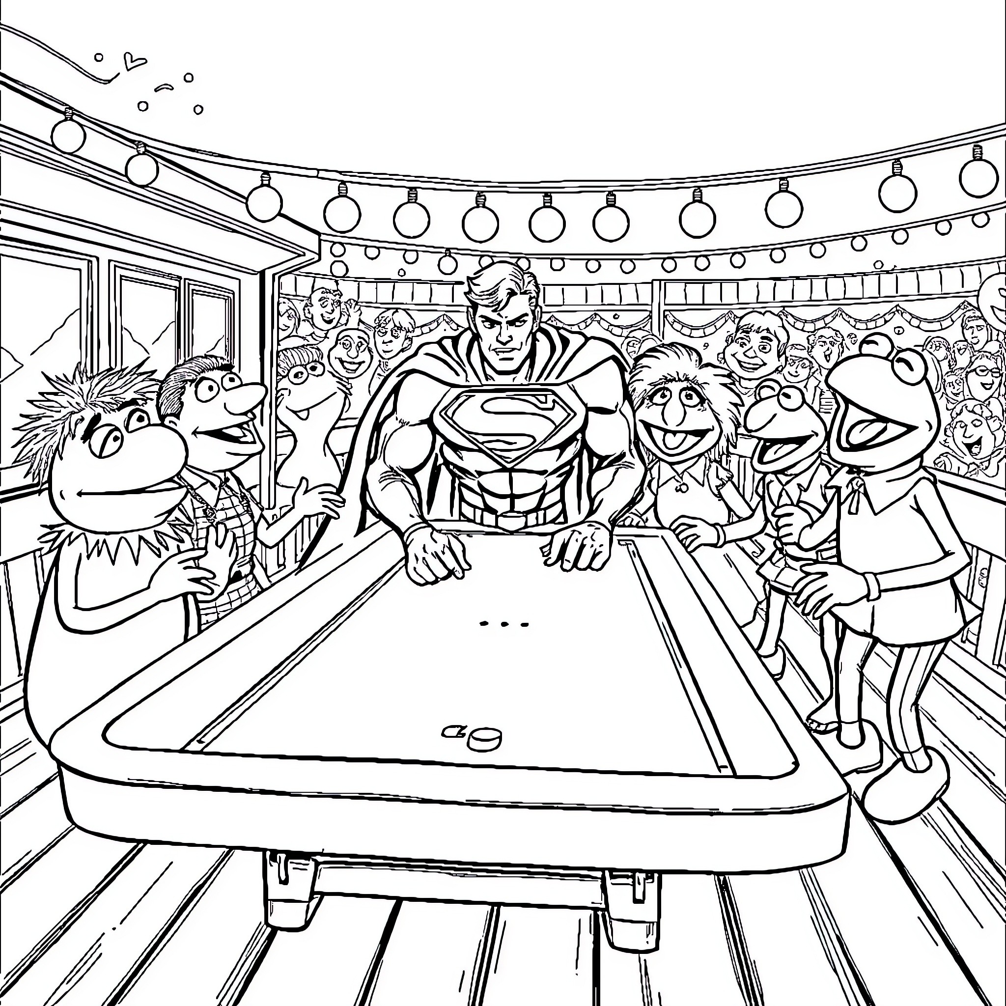 Superman playing pool with friends at a carnival Coloring Page (free black-and-white line drawing printable PDF for all, from beginners to advanced learners, including children, teens, adults, and seniors)